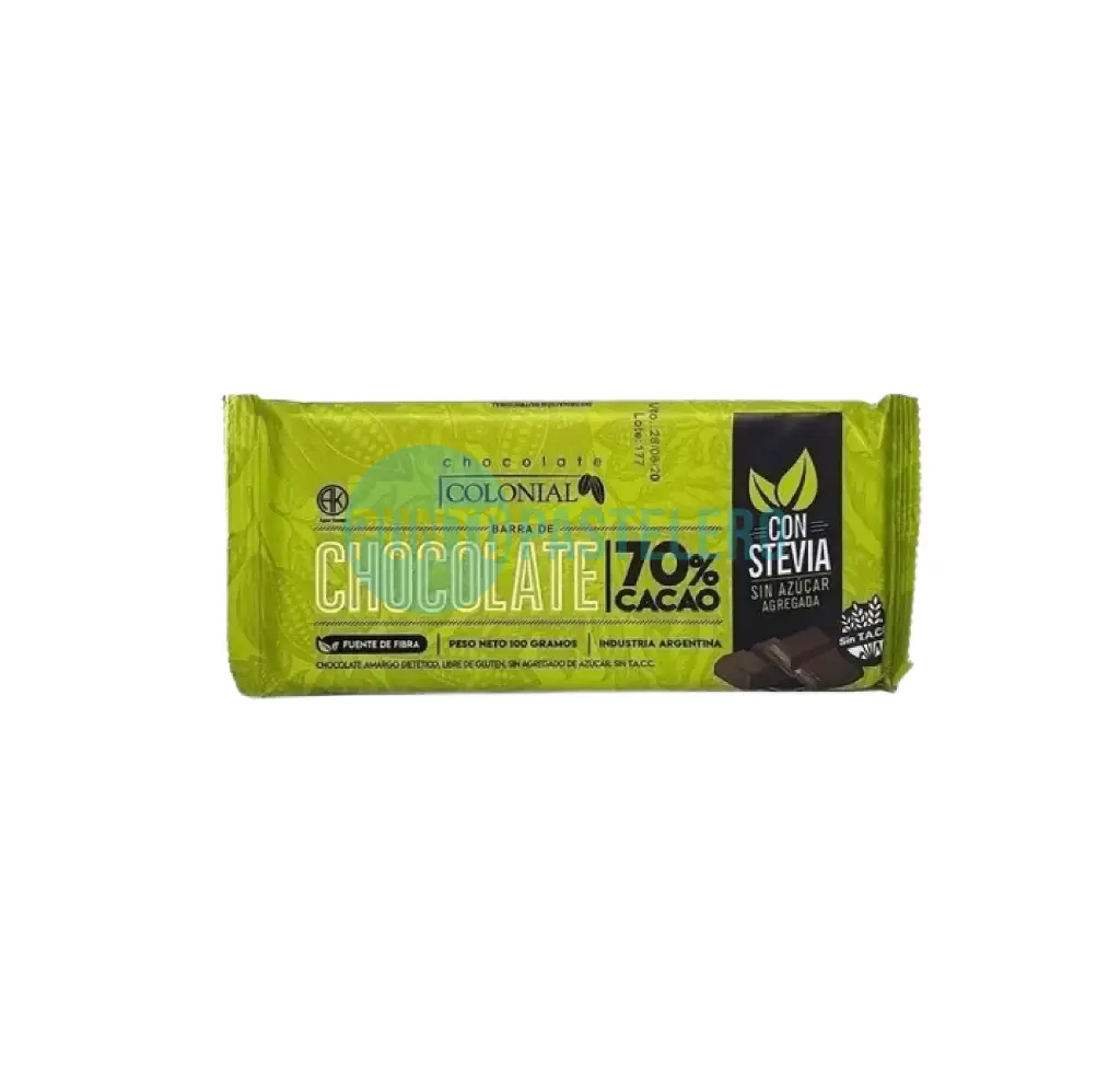 [97897003186] TABLETA COLONIAL 70% CACAO CON STEVIA X 100 GR. (SIN TACC)