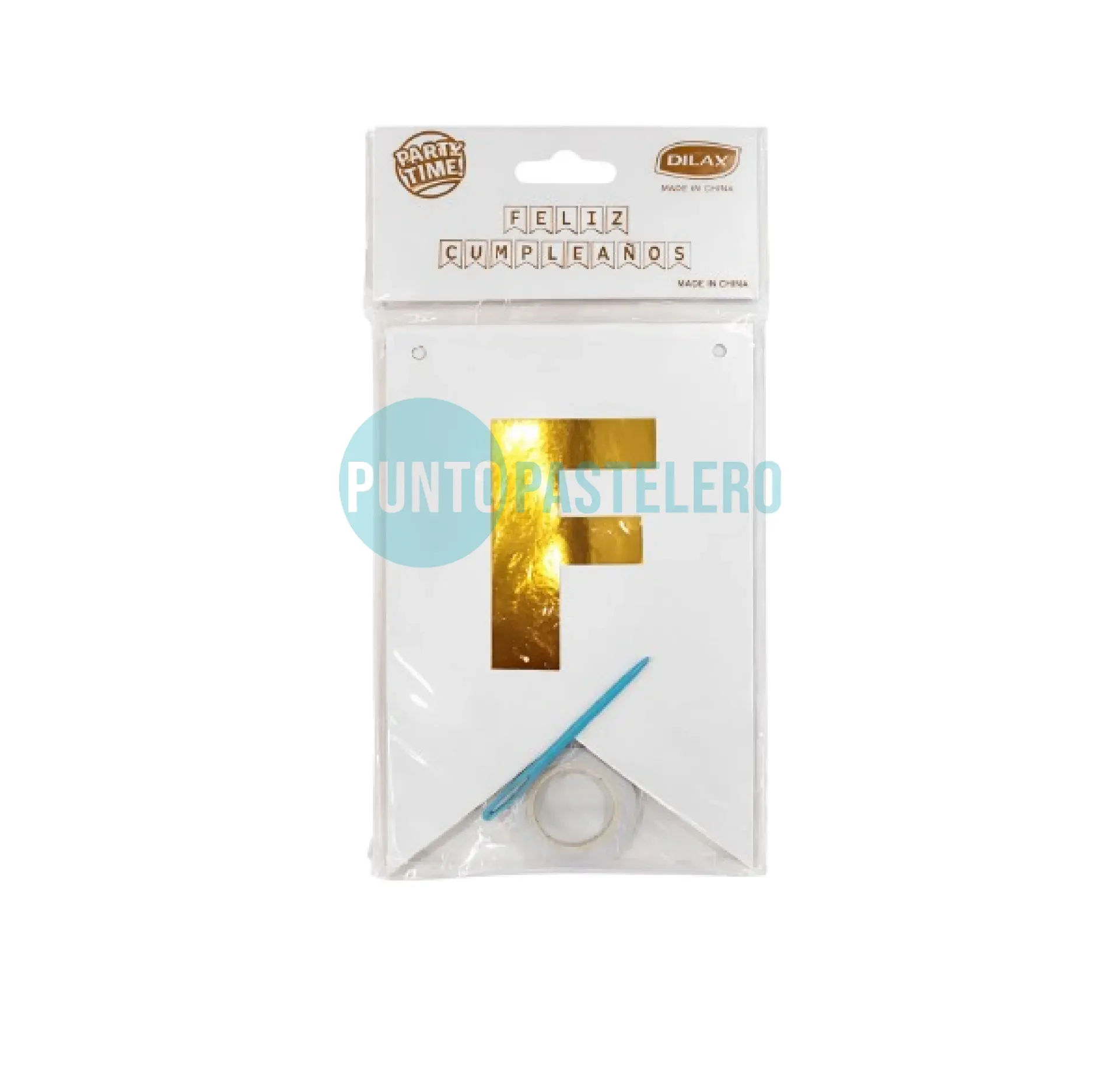 BANDERIN "FELIZ CUMPLEAÑOS" BLANCO CON LETRAS DORADAS