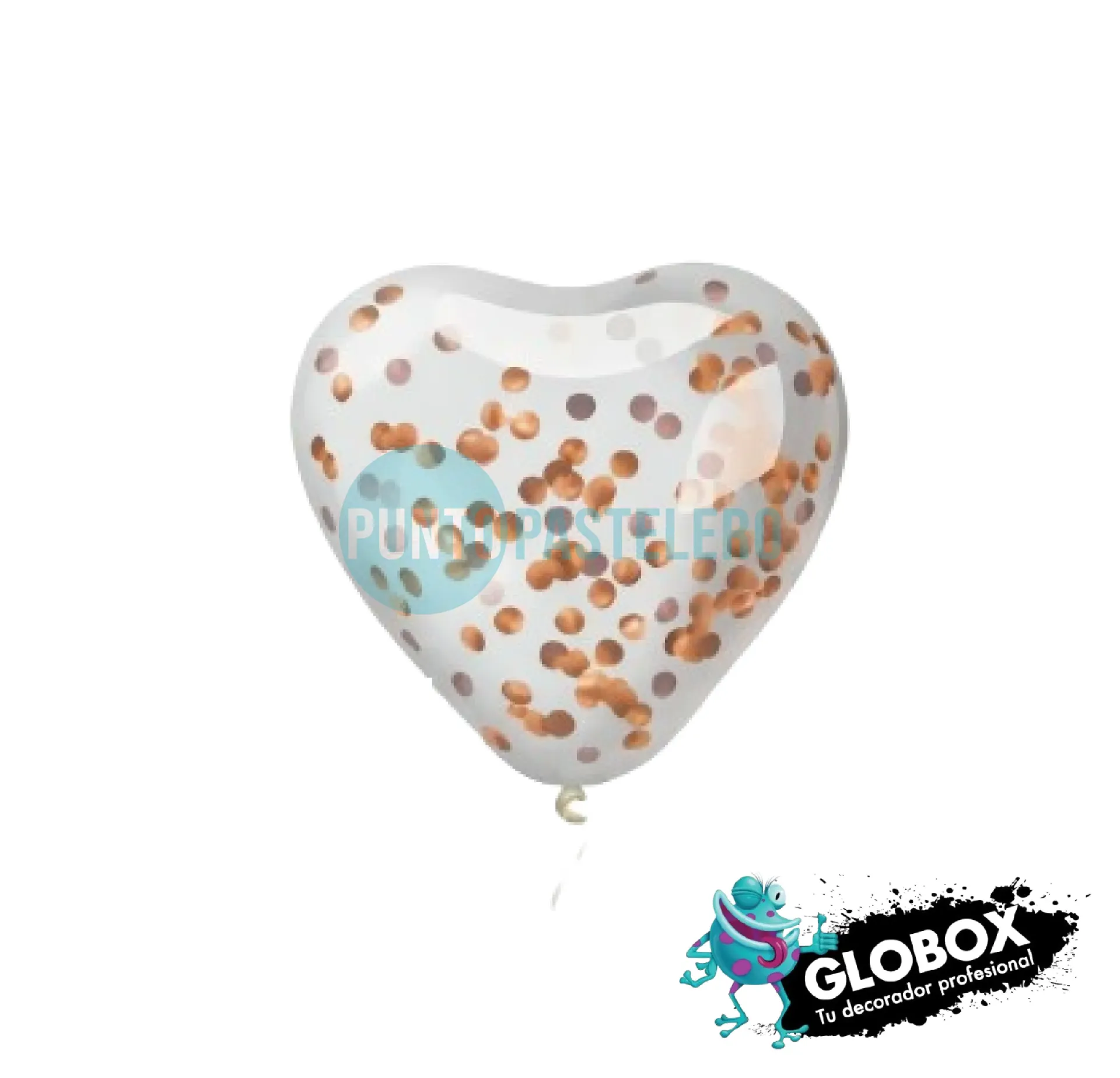 SET GLOBO GLOBOX CORAZON CRISTAL CON CONFETTI ROSA GOLD (X 6 U.) (APTO HELIO)