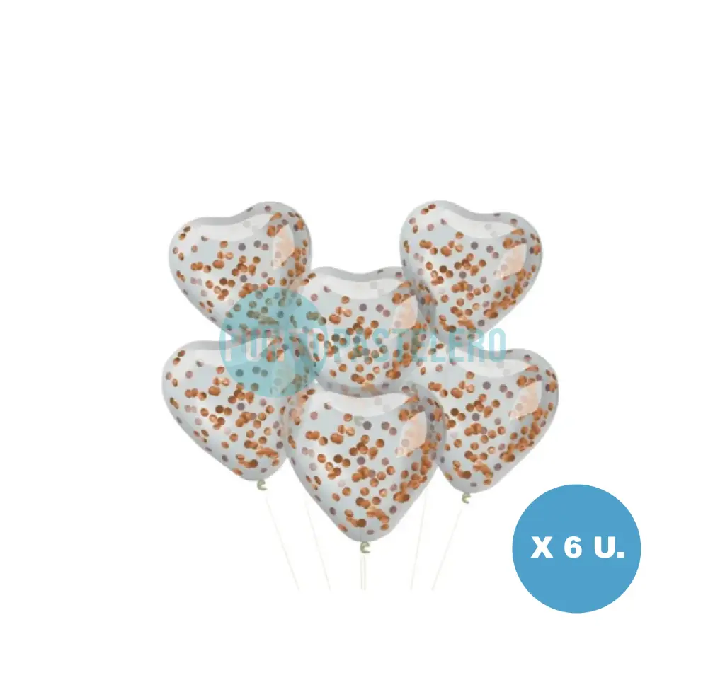 SET GLOBO GLOBOX CORAZON CRISTAL CON CONFETTI ROSA GOLD (X 6 U.) (APTO HELIO)
