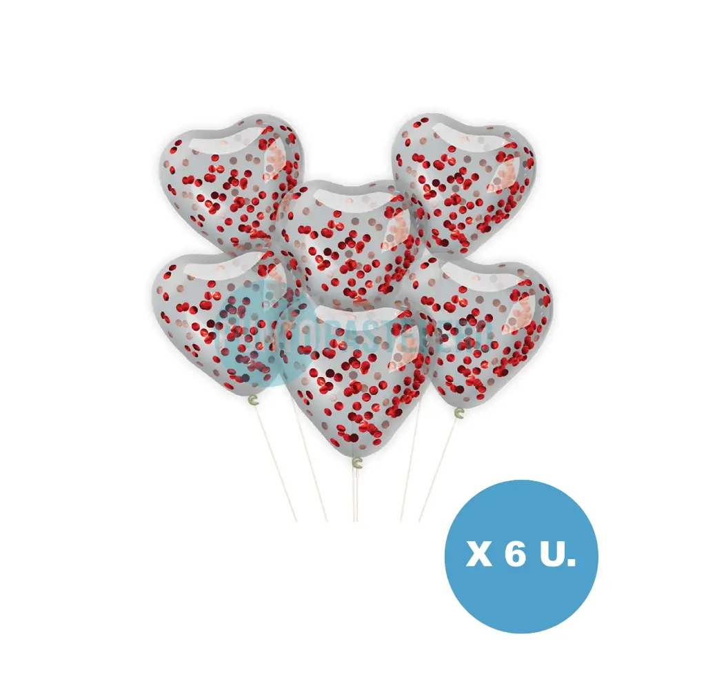 SET GLOBO GLOBOX CORAZON CRISTAL CON CONFETTI ROJO X 6 U. (APTO HELIO)