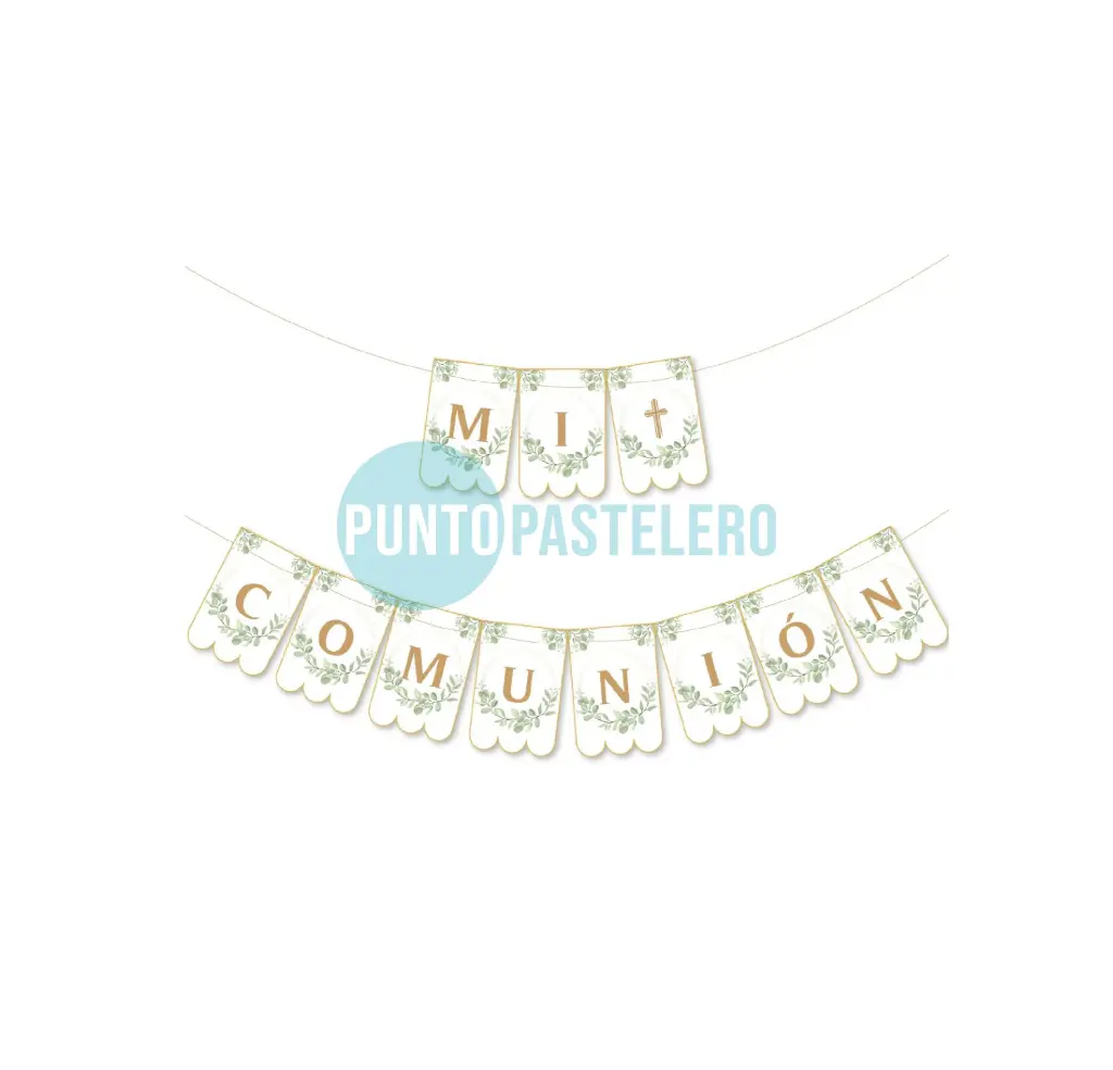 BANDERIN CON STAMPING MI COMUNION HOJAS DE OLIVO