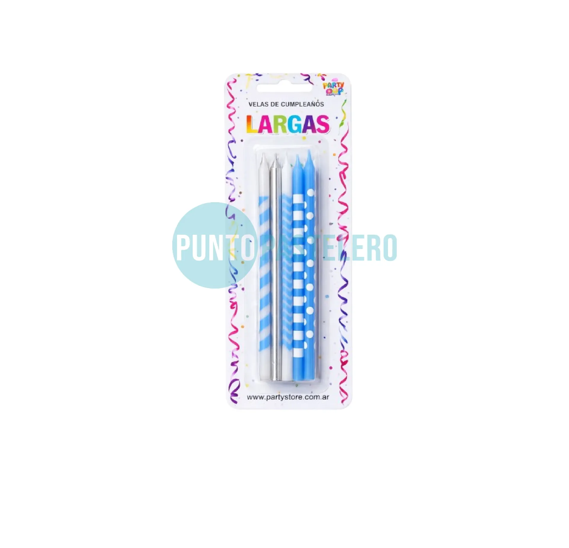 PACK VELAS IMPRESA LUNARES RAYAS CELESTE 15 CM (X 10 U.) (PARTY STORE)