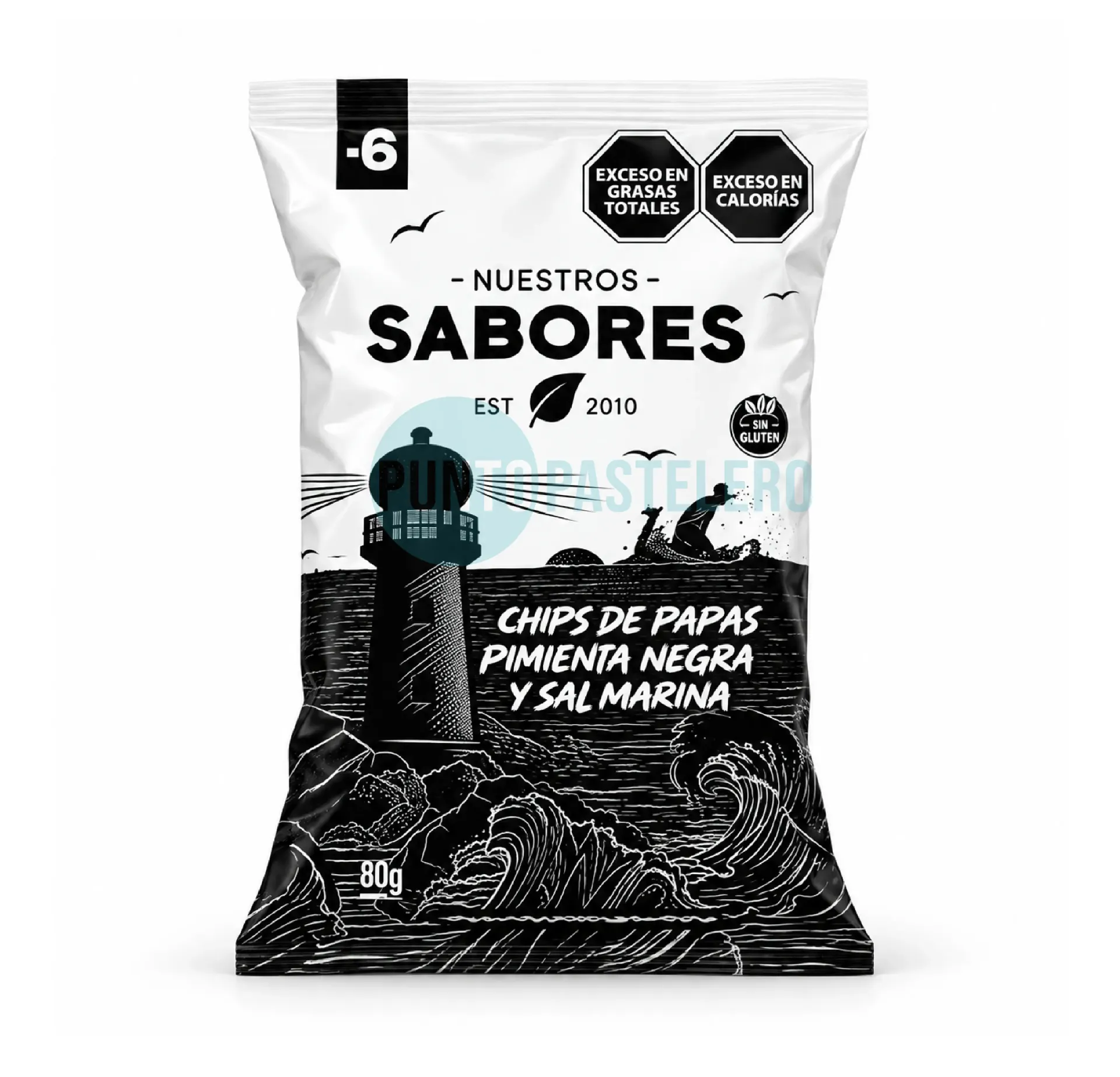 CHIPS DE PAPAS CON PIMIENTA NEGRA Y SAL MARINA NUESTROS SABORES (X 80 GR.) (SIN TACC)