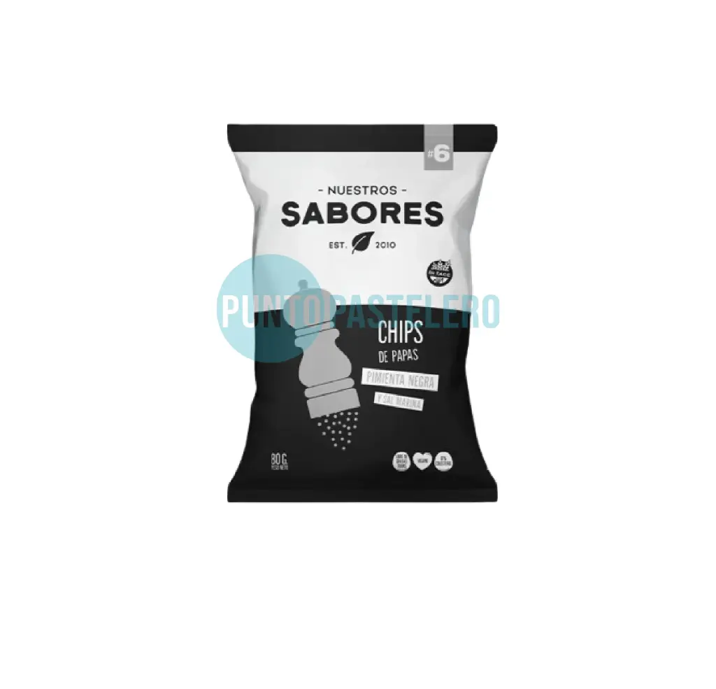 CHIPS DE PAPAS CON PIMIENTA NEGRA Y SAL MARINA NUESTROS SABORES (X 80 GR.) (SIN TACC)