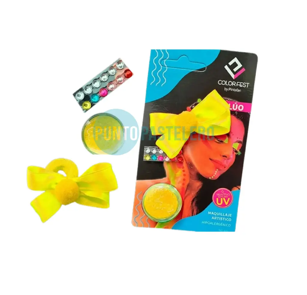 MINI KITS COLITA PARA PELO Y MAQUILLAJE AMARILLO FLUO CON STRASS