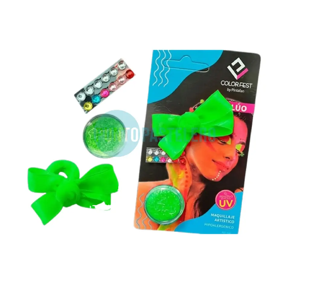 MINI KITS COLITA PARA PELO Y MAQUILLAJE VERDE FLUO CON STRASS