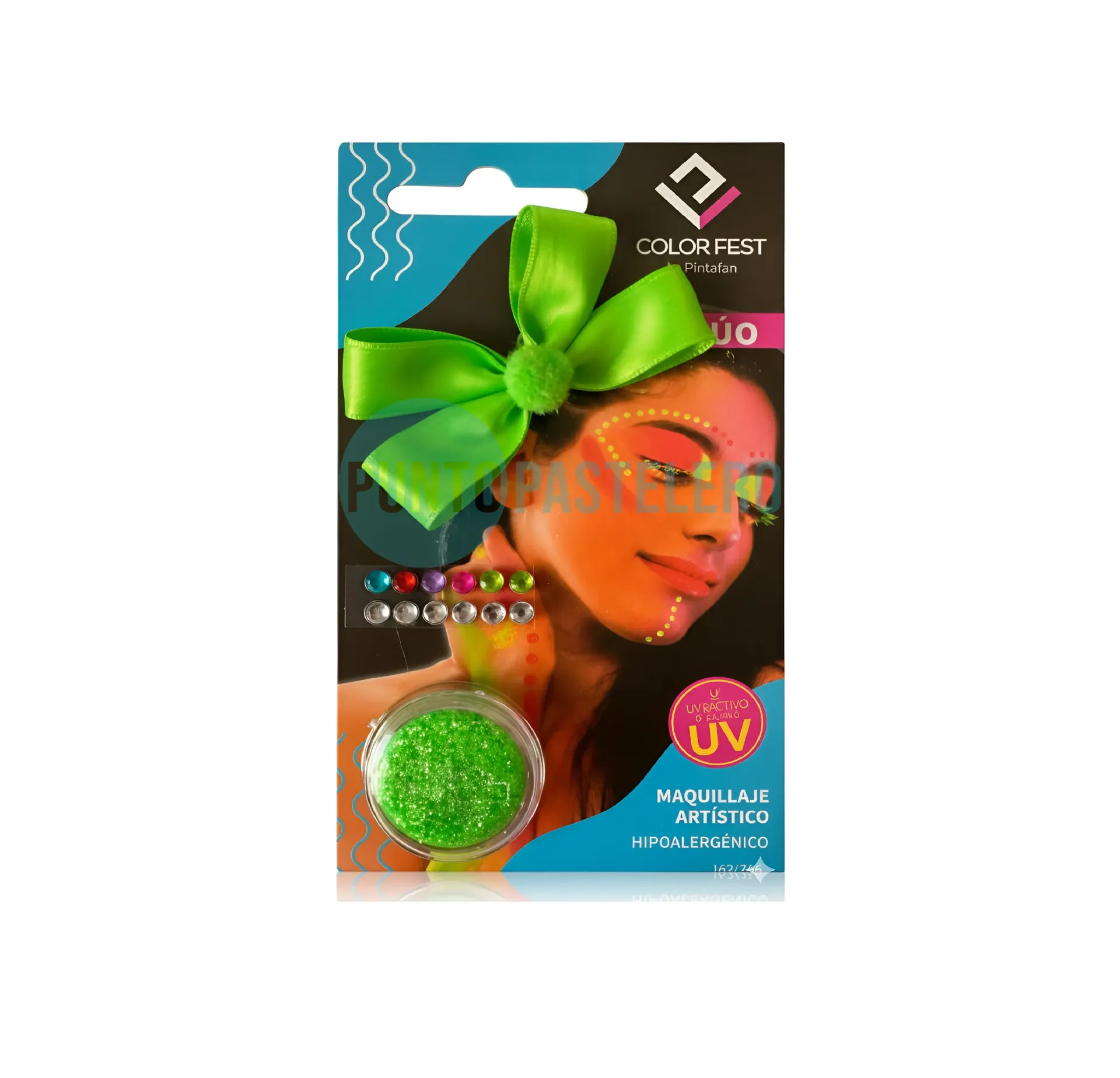 [7798301776009] MINI KITS COLITA PARA PELO Y MAQUILLAJE VERDE FLUO CON STRASS