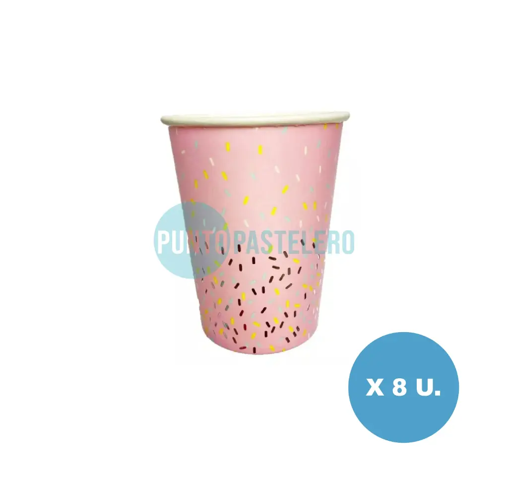 VASO POLIPAPEL STAMPING CONFETI ROSA 240 CC ROMI PACK (8 U.)