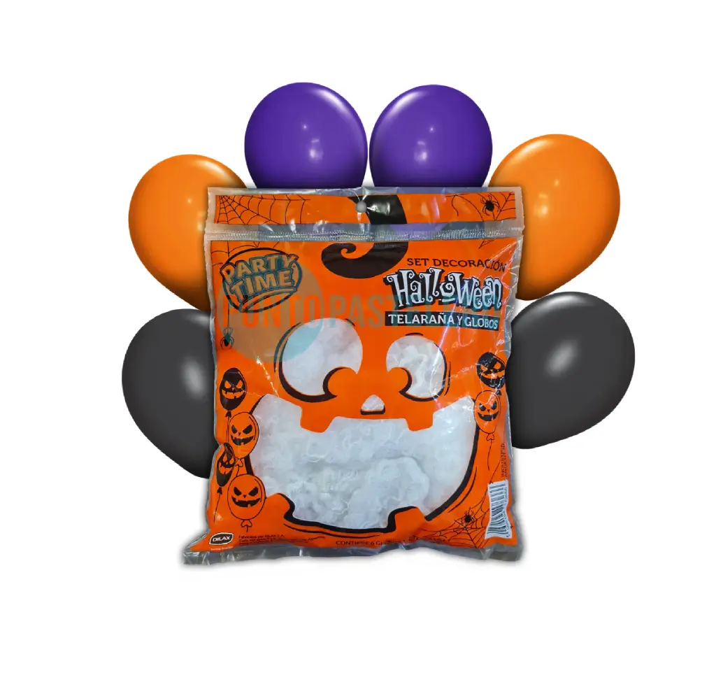 TELA ARAÑA PARTY TIME BLANCA CON 6 GLOBOS