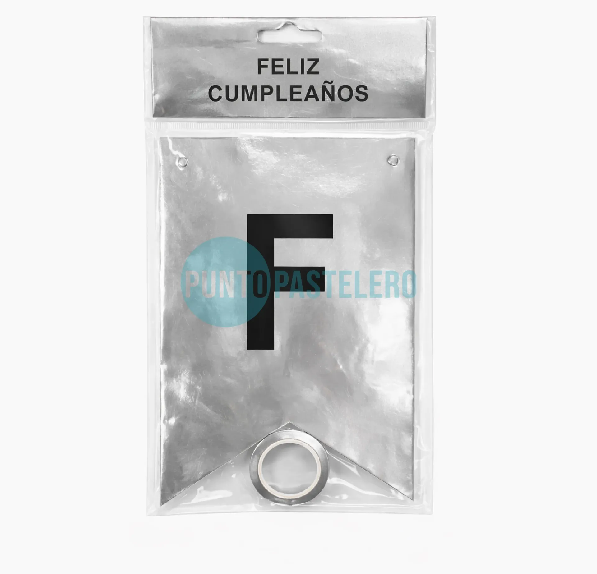 BANDERIN FELIZ CUMPLEAÑOS METALIZADO PLATEADO (LETRAS NEGRAS)