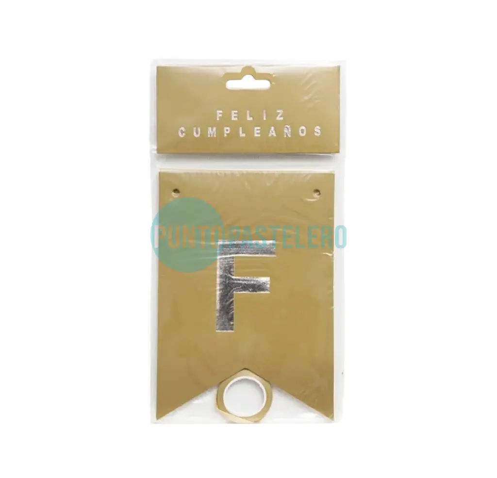BANDERIN FELIZ CUMPLEAÑOS DORADO LETRAS PLATEADAS