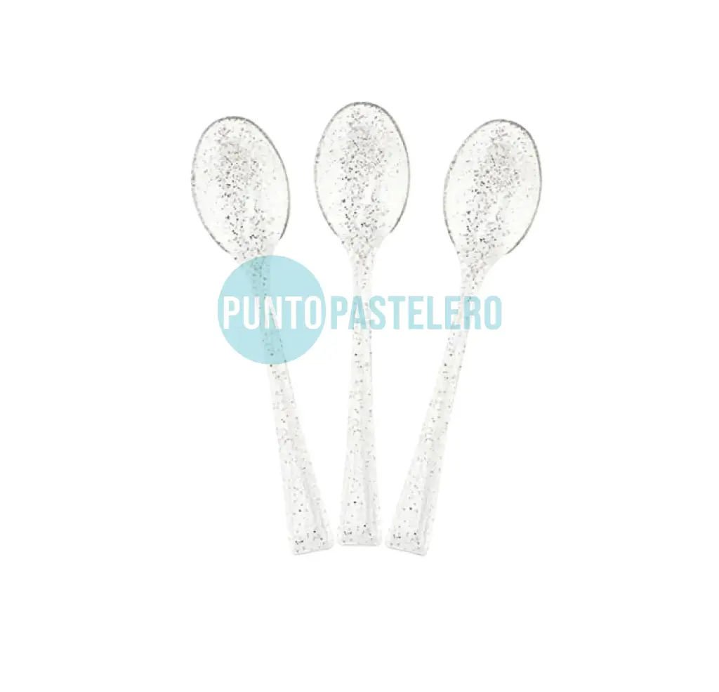 CUCHARAS GLITTER PLATEADO 17 CM (X 12 U.)