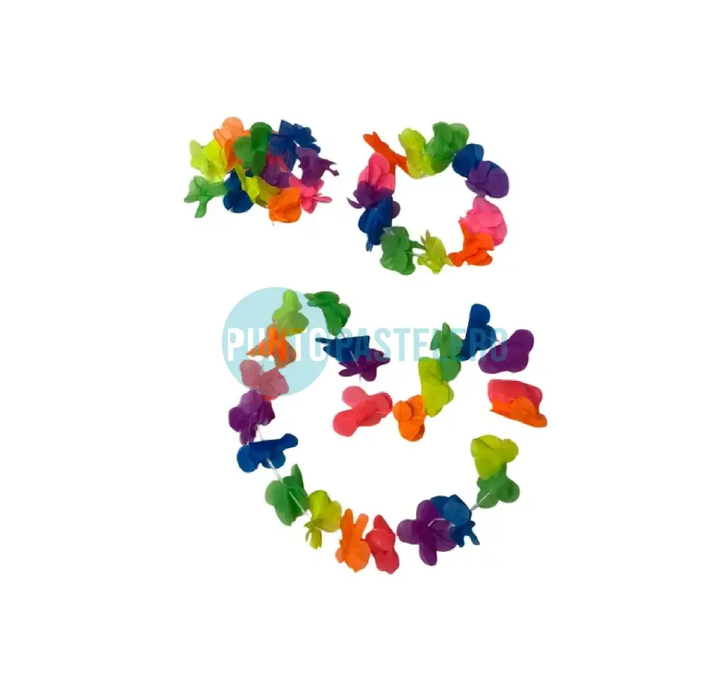 SET HAWAIANO TELA FLUO MULTICOLOR (VINCHA + PULSERA + COLLAR)