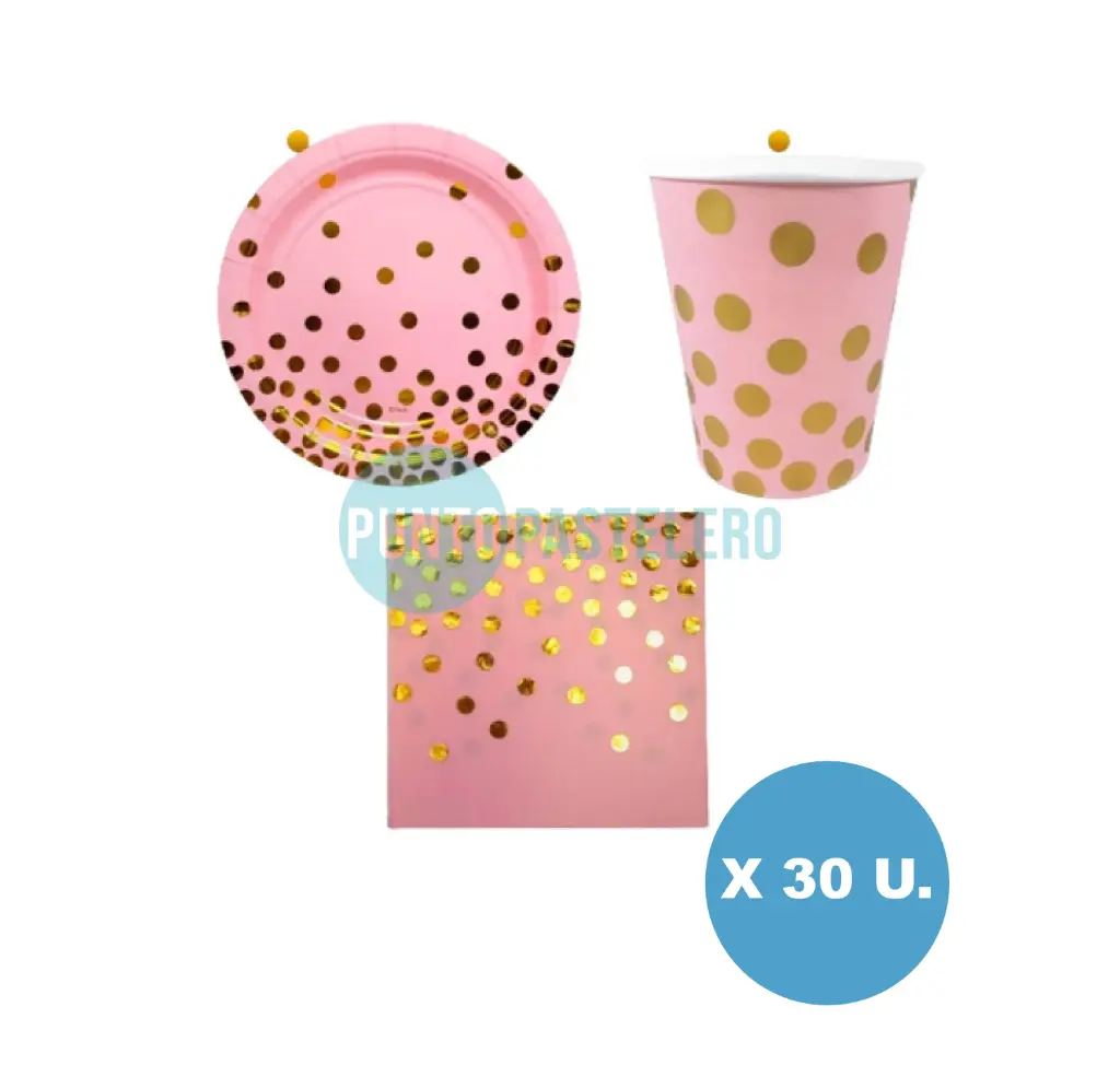 SET PLATO - VASO - SORBETE ROSA LUNARES DORADO (X 30 U.)