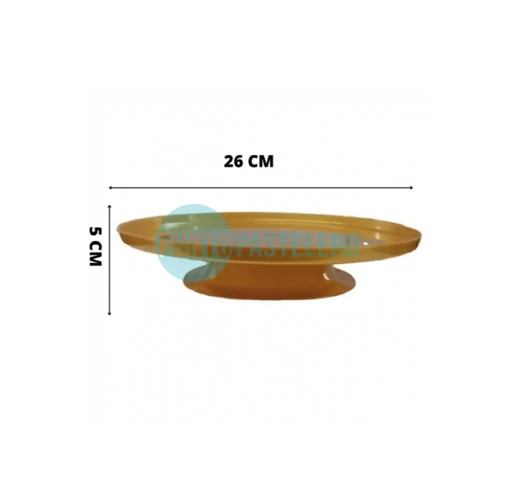 BANDEJA CON PIE REDONDA PLASTICA DORADA (26 CM)