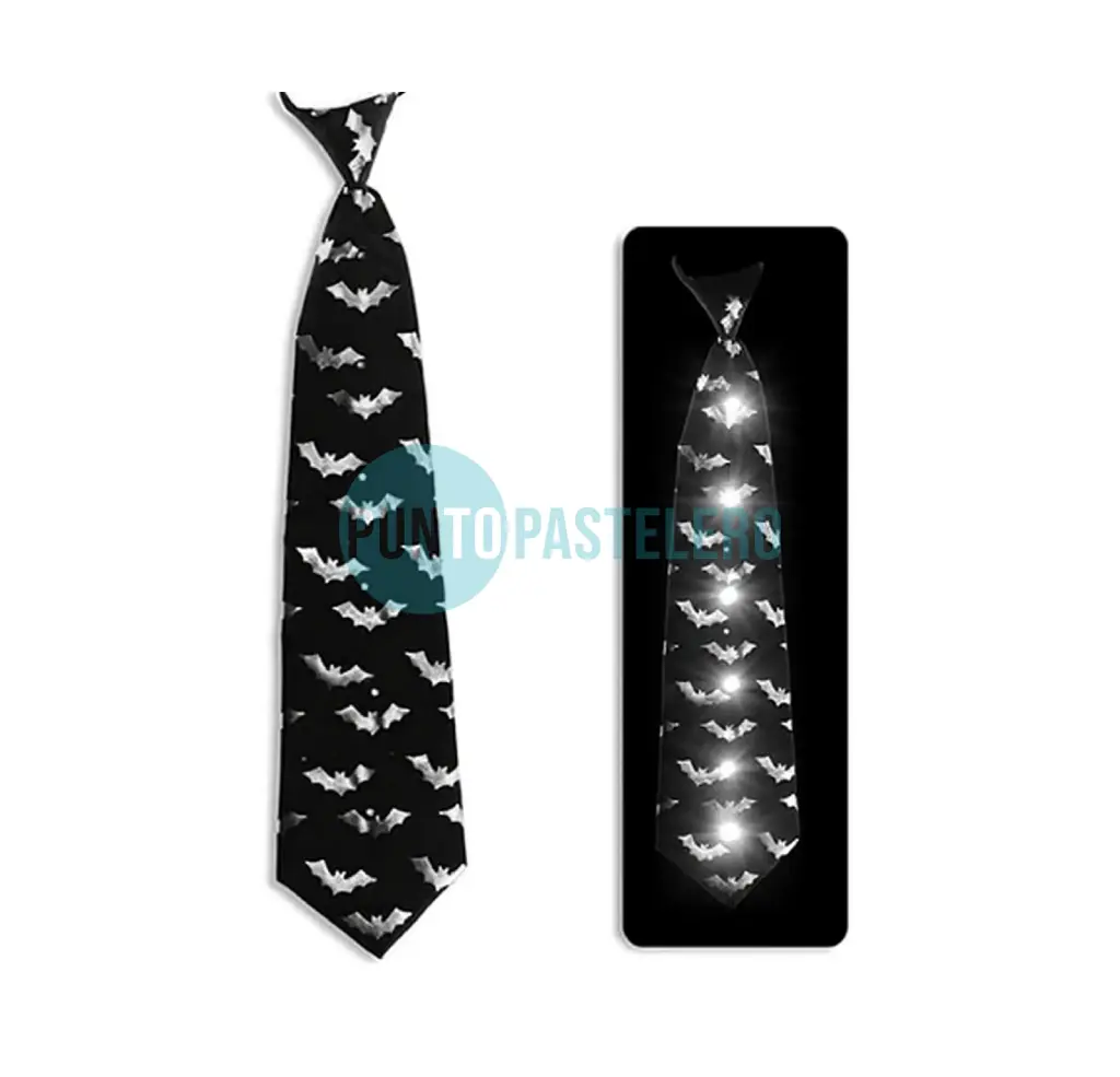 CORBATA DE TELA CON LUZ NEGRA Y PLATEADA HALLOWEEN