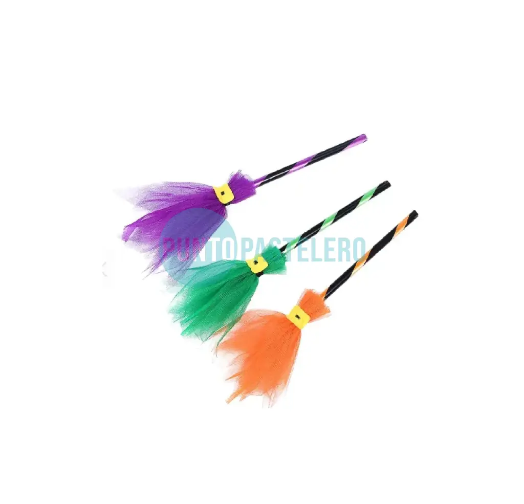 ESCOBA BRUJA CON TULL Y BRILLOS (70 CM) (COLORES SURTIDOS)