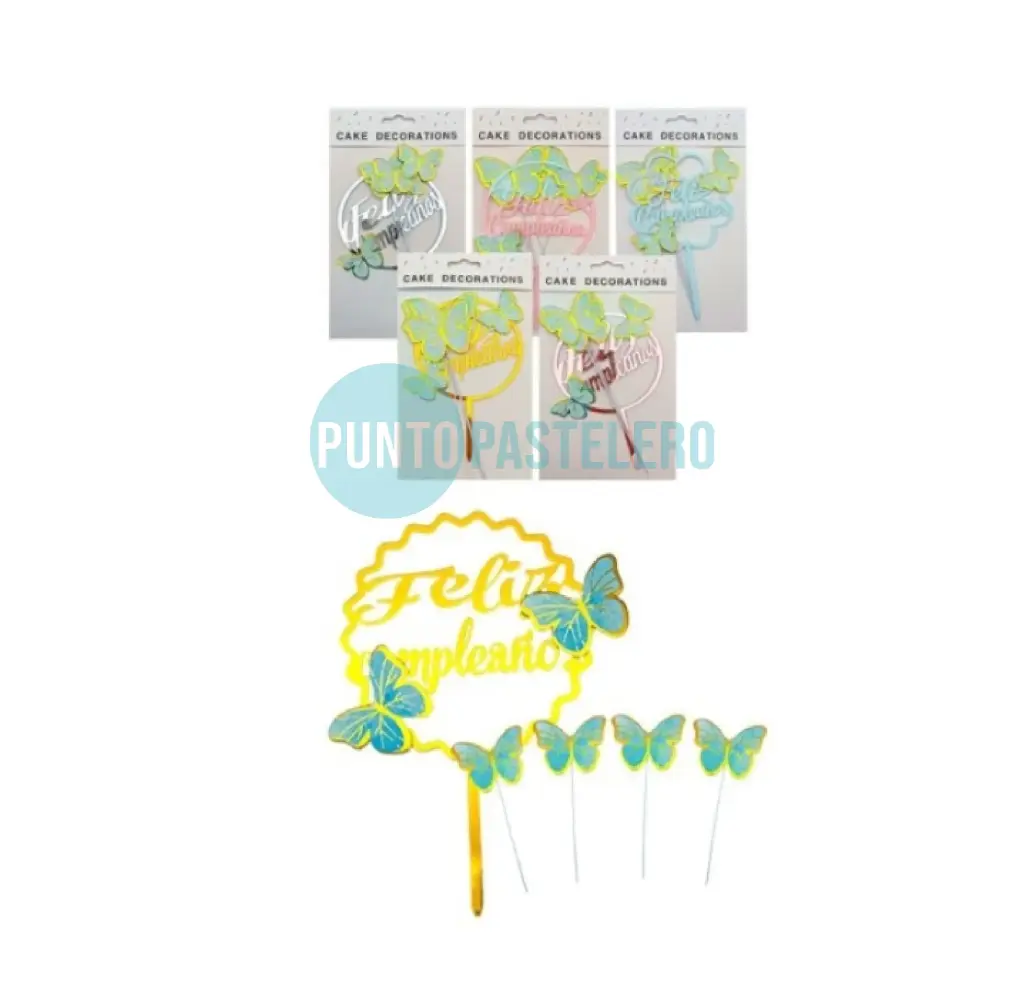 TOPPER FELIZ CUMPLEAÑOS ACRILICO CON MARIPOSAS (CELESTE)