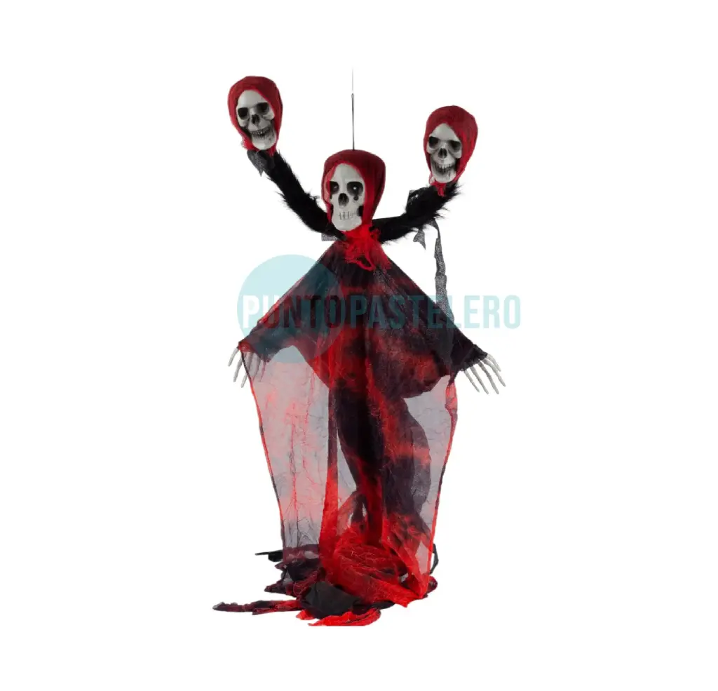 [6955030803982] ADORNO COLGANTE 3 CALAVERAS CON MANTO LUZ Y SONIDO (120 CM)