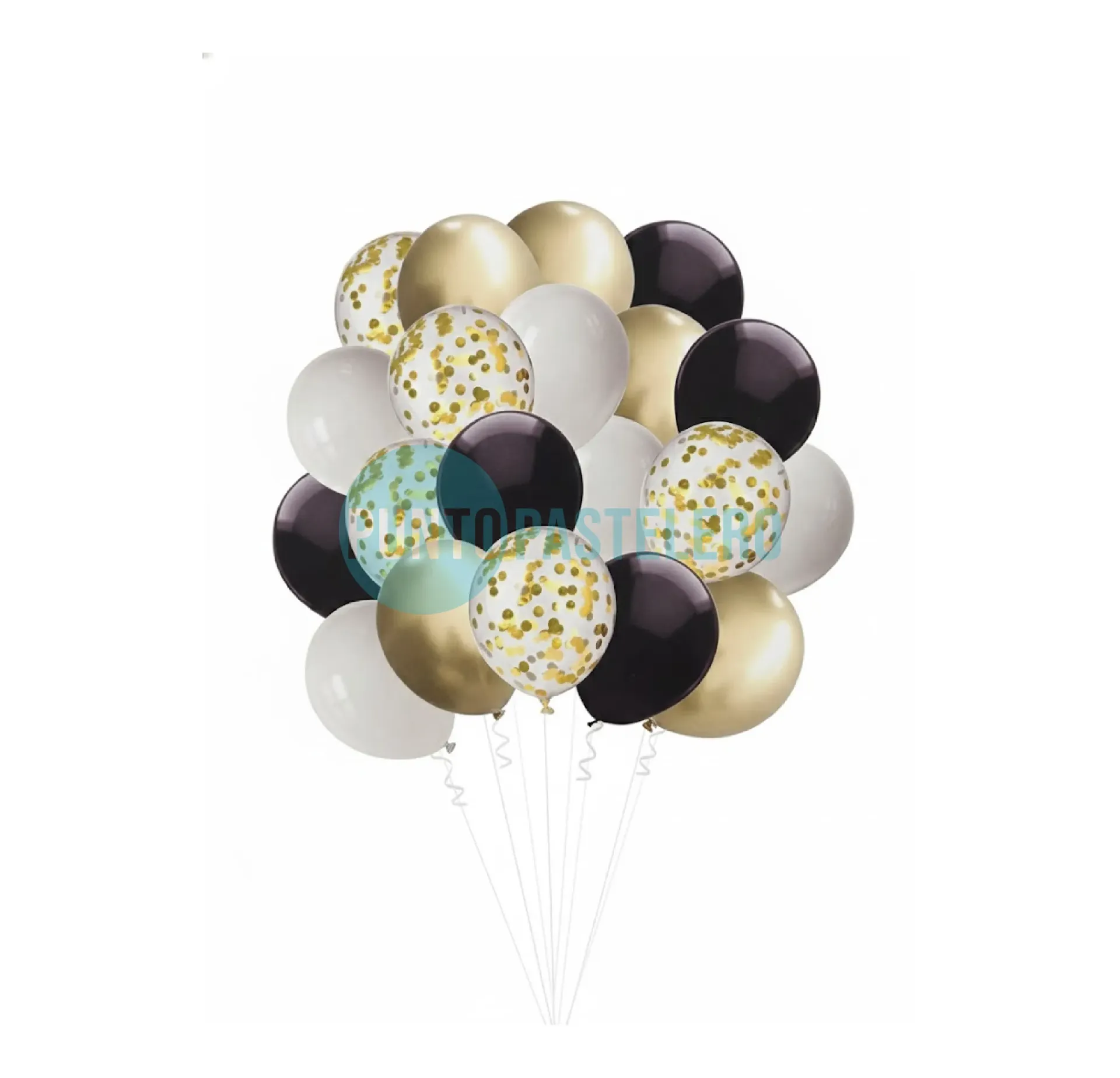 SET DE GLOBOS CONFETTI Y STANDARD BLANCO - NEGRO - DORADO (52 PZ)