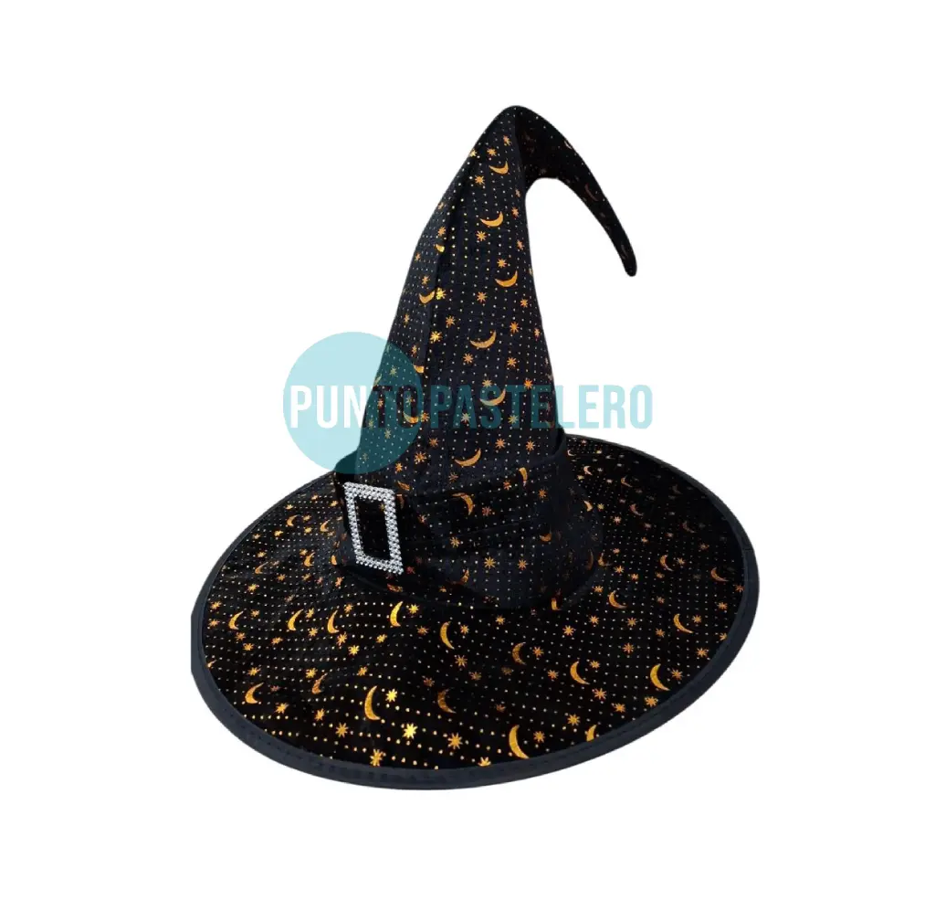 GORRO DE BRUJA NEGRO CON ESTAMPA DORADA (PREMIUM)