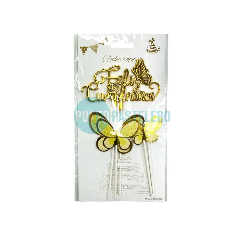 	TOPPER FELIZ CUMPLE ACRILICO CON MARIPOSAS (COLORES SURTIDOS)