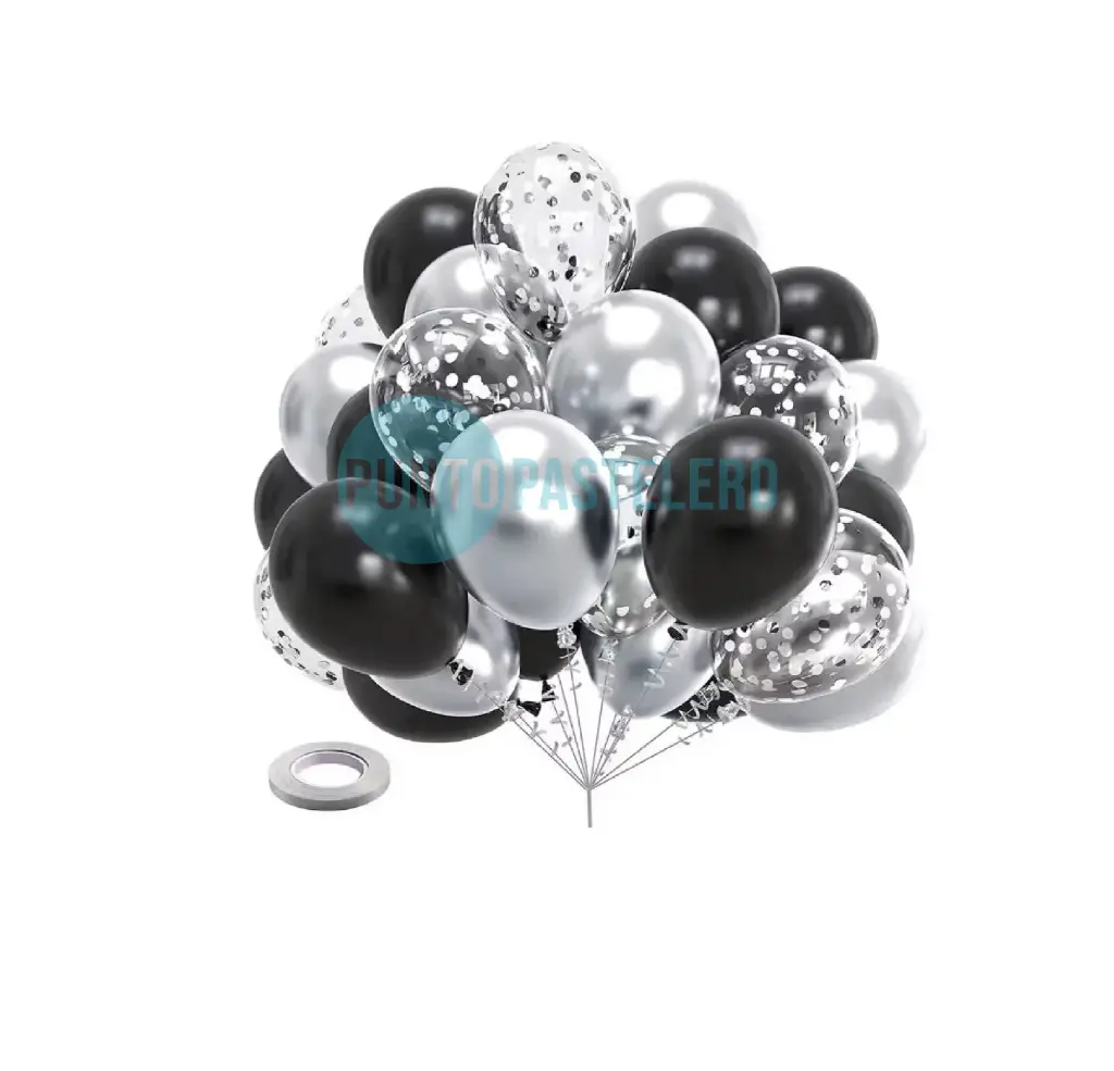 SET DE GLOBOS CONFETTI Y STANDARD PLATA - NEGRO (52 PZ)