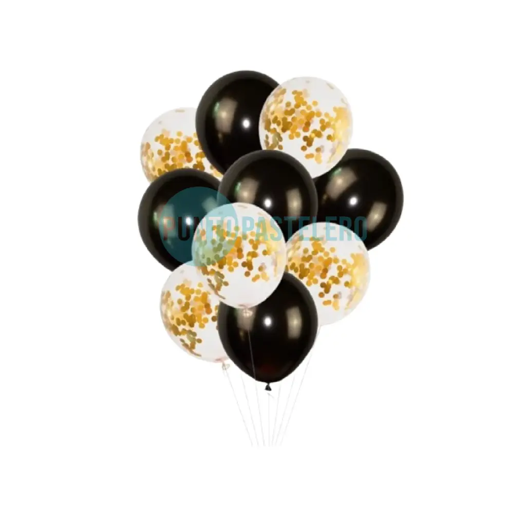 SET DE GLOBOS CONFETTI Y STANDARD NEGRO - DORADO (52 PZ)