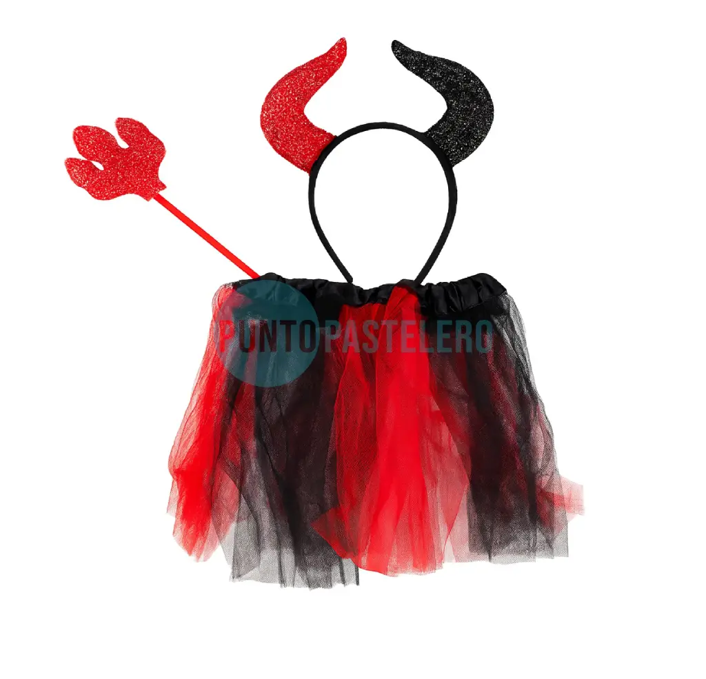 [6900747250031] SET TUTU ROJO Y NEGRO CON VINCHA DIABLITA Y TRIDENTE