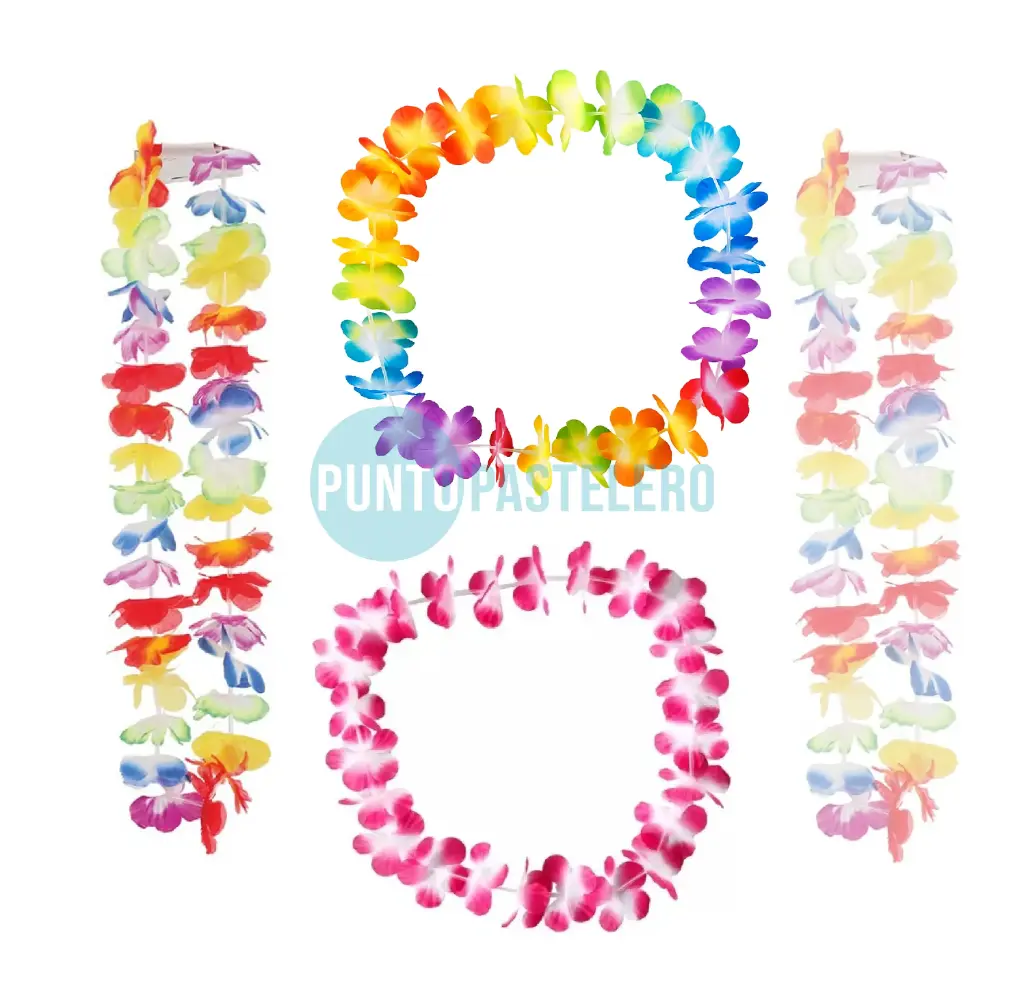 [6959251004609] COLLAR HAWAIANO TROPICAL FLORES DE TELA COLORES CON BLANCO (X 12 U. )