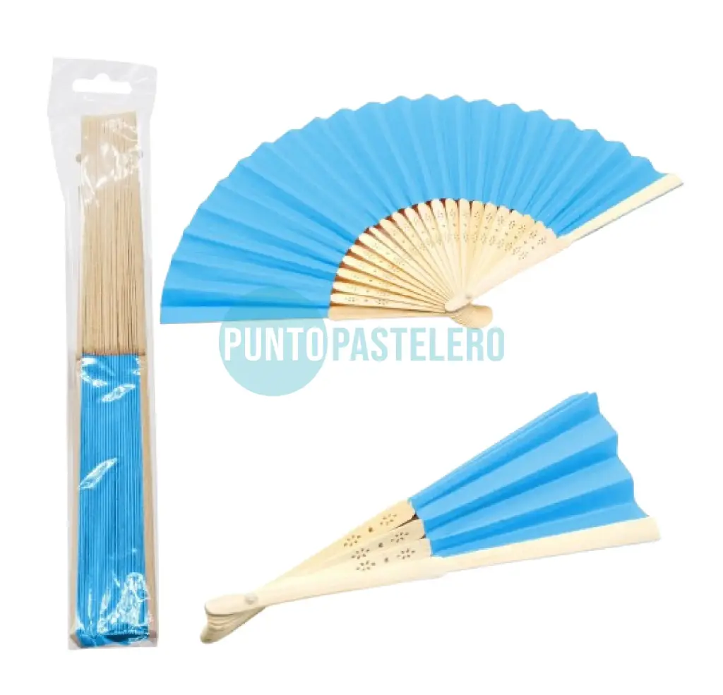 [00120752] ABANICO DE MADERA CON PAPEL CHINO CELESTE