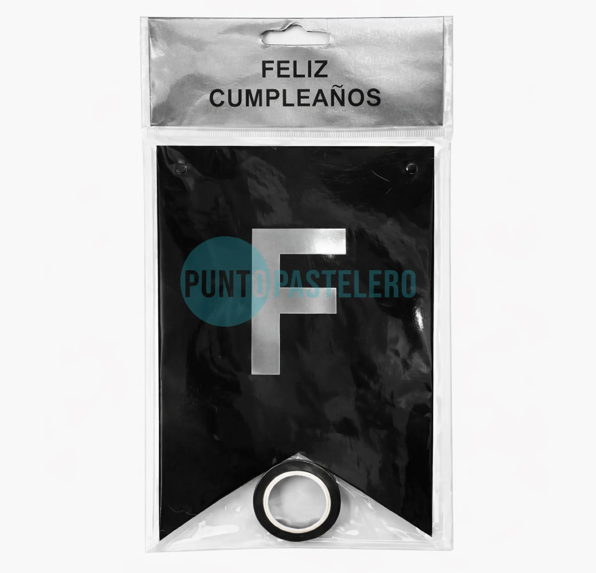 BANDERIN FELIZ CUMPLEAÑOS METALIZADO NEGRO (LETRAS PLATEADAS)