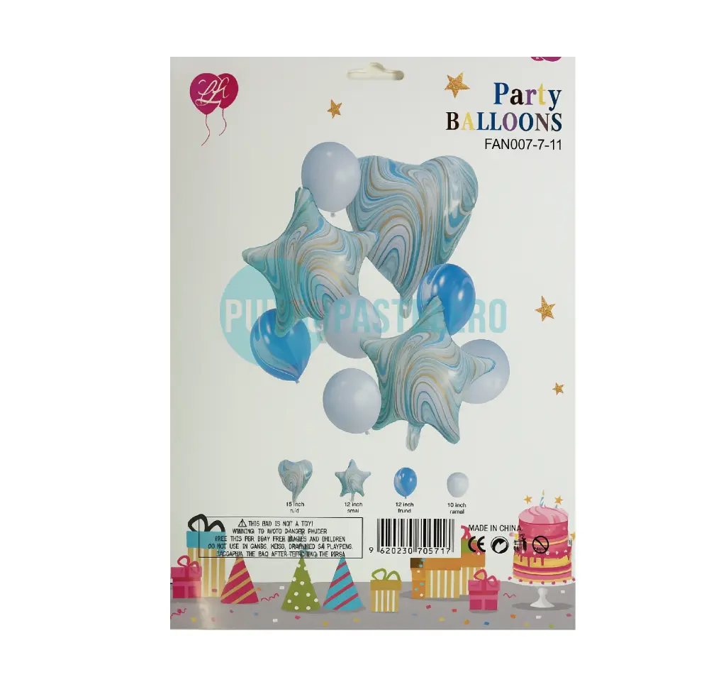 [9620230706117] SET GLOBOS CORAZON-ESTRELLA-GLOBOS MARMOLADO Y LATEX CELESTE (9 PZ)