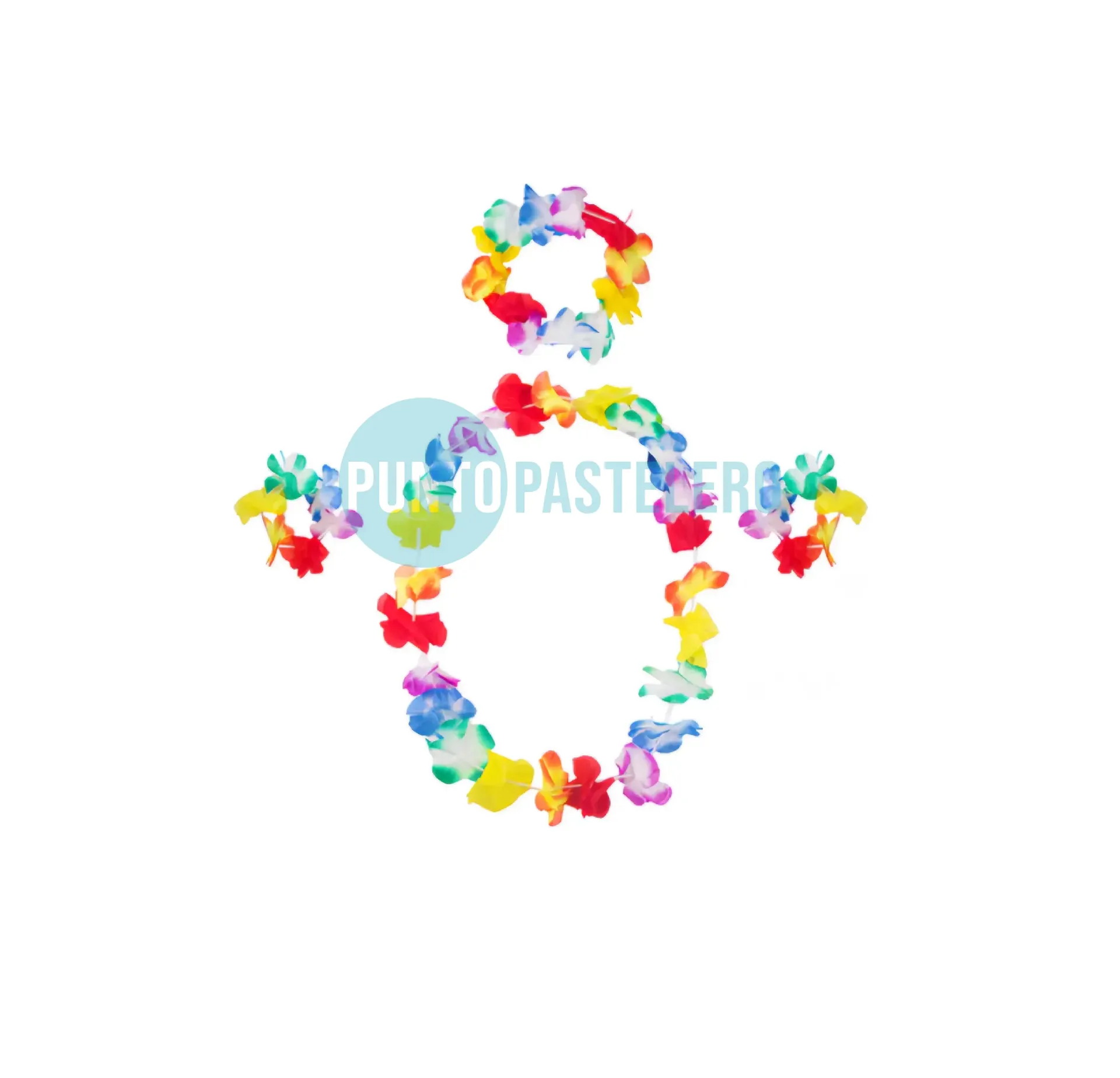 SET HAWAIANO TELA DOBLE MULTICOLOR PASTEL (VINCHA + PULSERA + COLLAR)