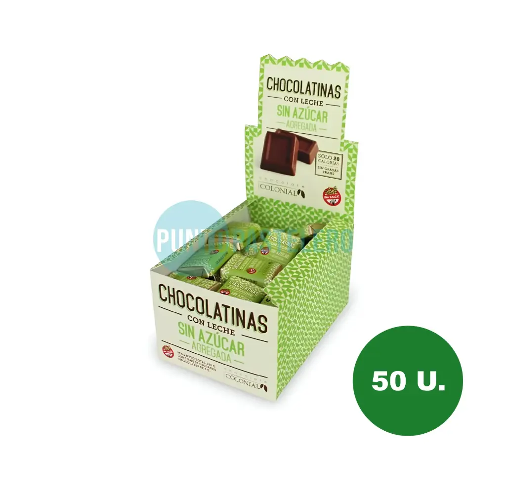 [7797897000055] CHOCOLATINAS CON LECHE COLONIAL CON STEVIA (X 5 GR.) (SIN AZUCAR) (X 50 U.)