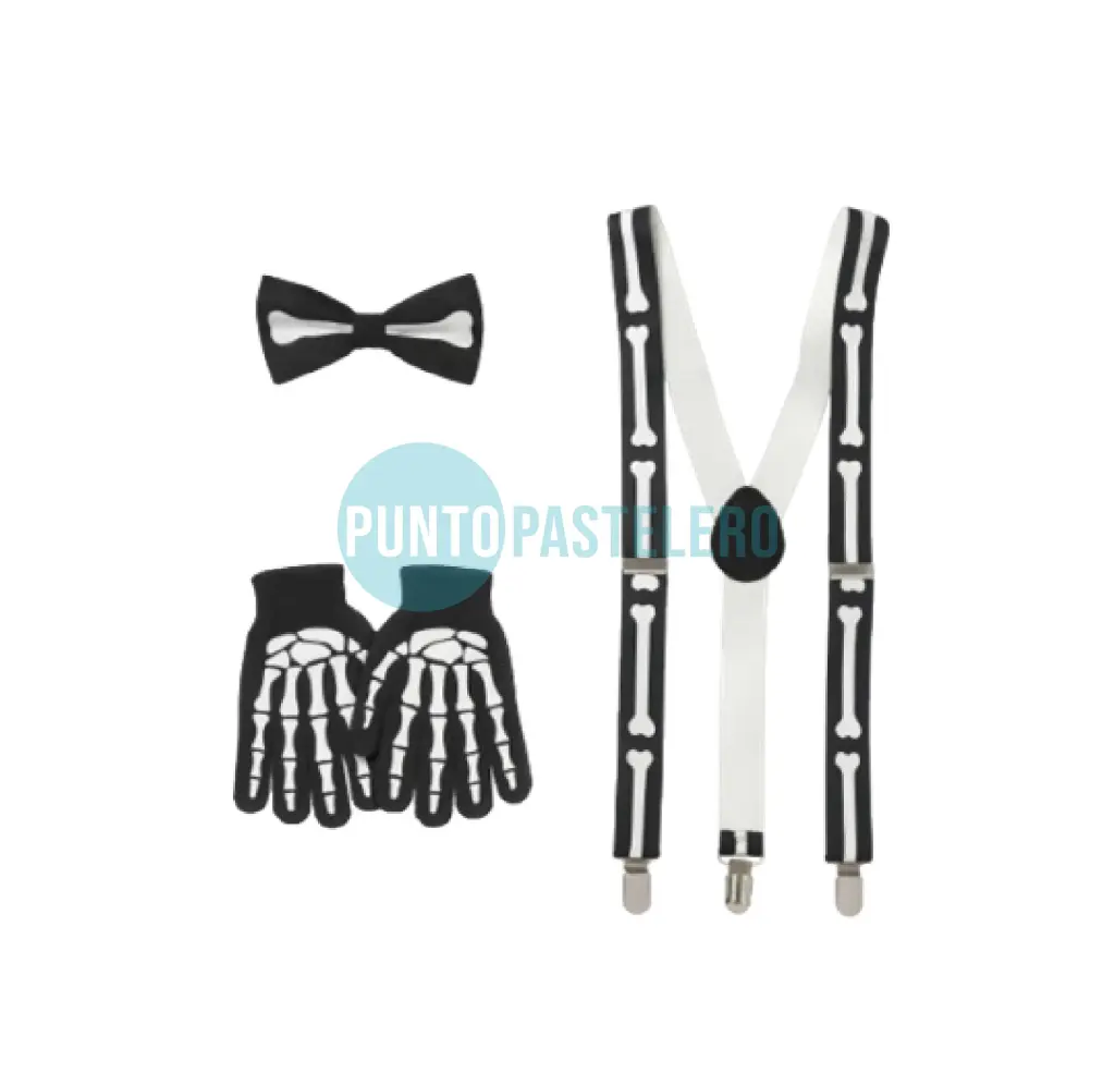 SET DISFRAZ ESQUELETO (MOÑO - GUANTES - TIRADORES)