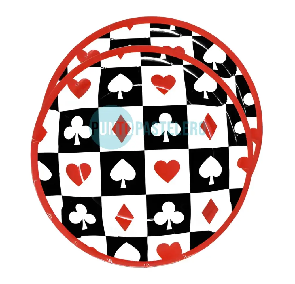PLATO POLIPAPEL "POKER" CASINO NEGRO Y ROJO (10 U.) (23 CM)