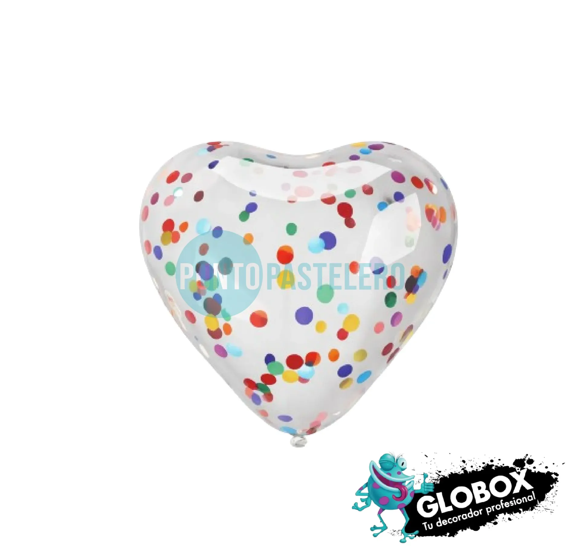 SET GLOBO GLOBOX CORAZON CRISTAL CON CONFETTI MULTICOLOR (X 6 U.) (APTO HELIO)