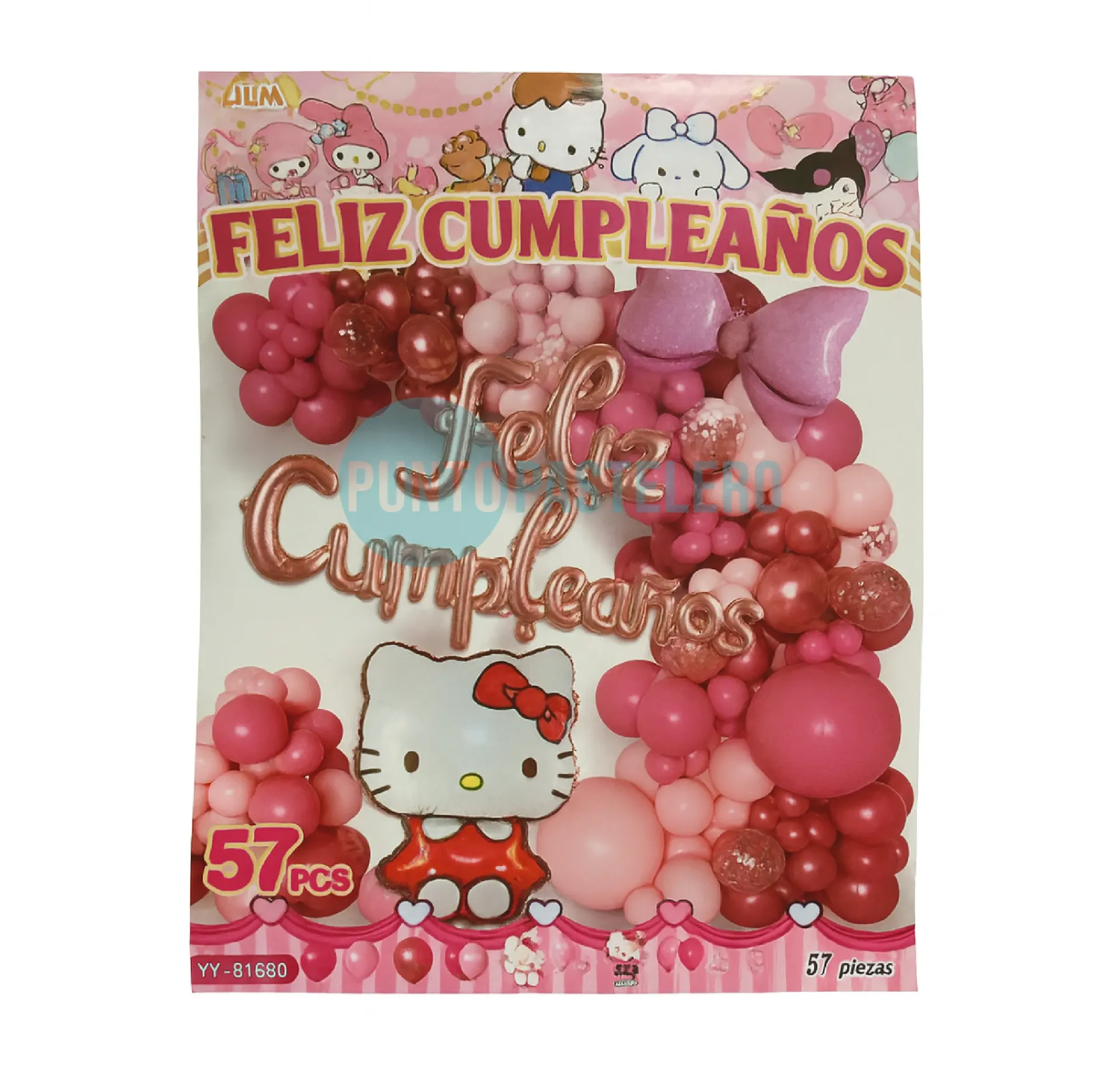 KIT GLOBOS PREMIUM FELIZ CUMPLEAÑOS HELLO KITTY ROSA GOLD (57 PZ)