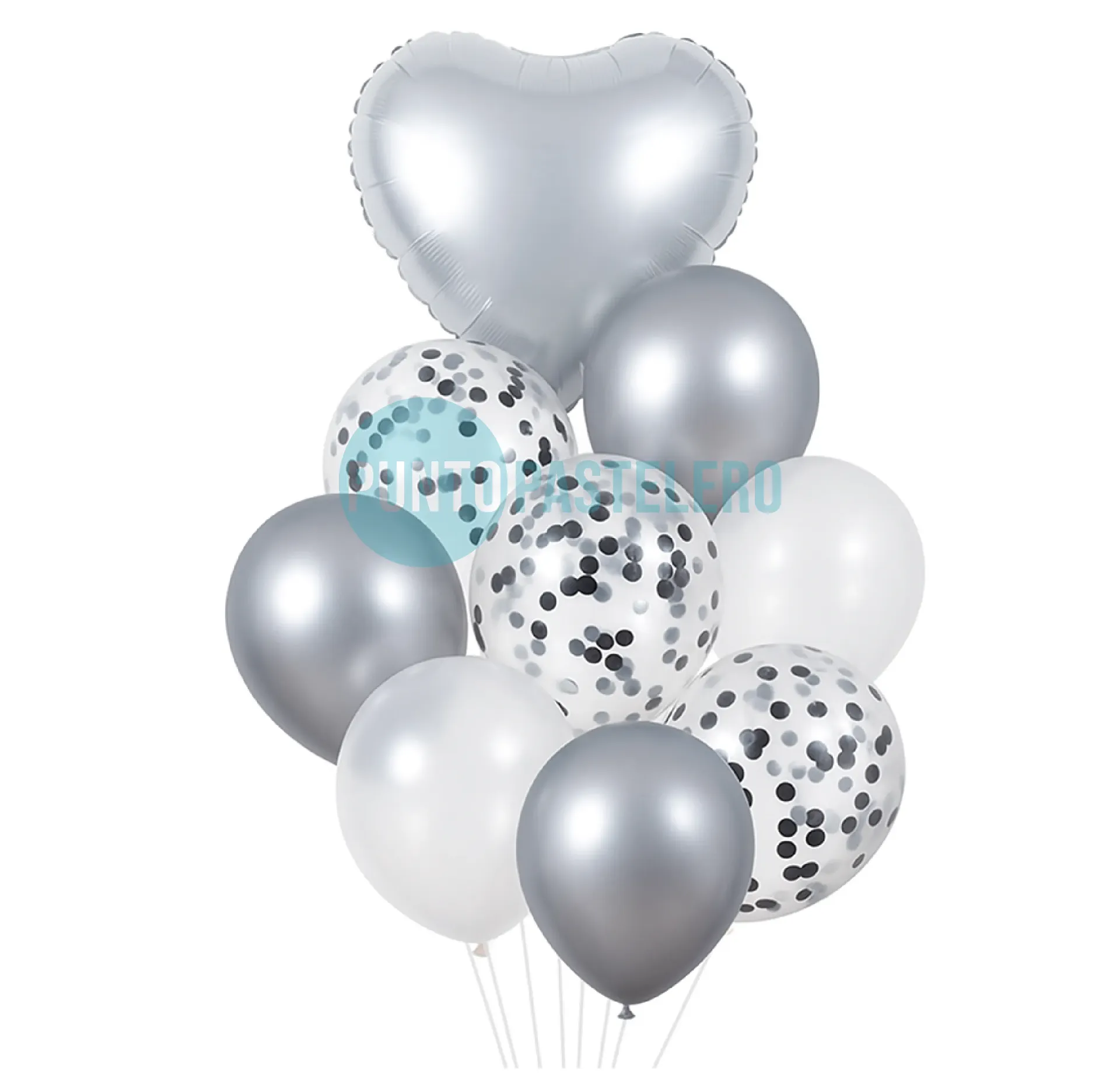 [2023012135131] SET DE GLOBOS CORAZON-CONFETTI-LATEX PLATA (9 PIEZAS)