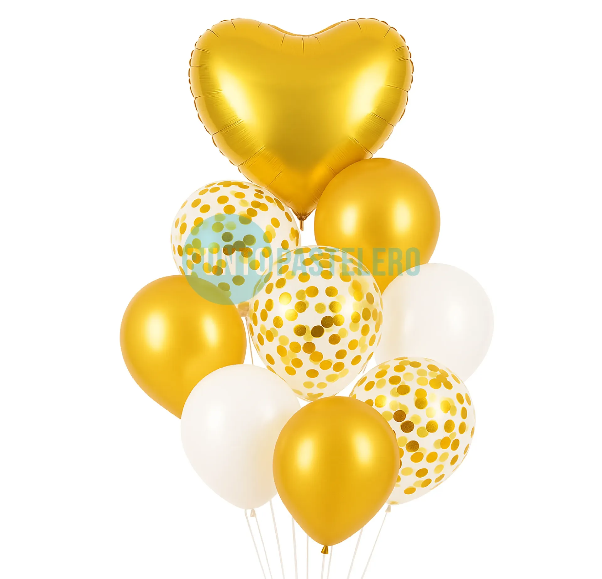 SET DE GLOBOS CORAZON-CONFETTI-LATEX DORADO Y BLANCO (9 PIEZAS)