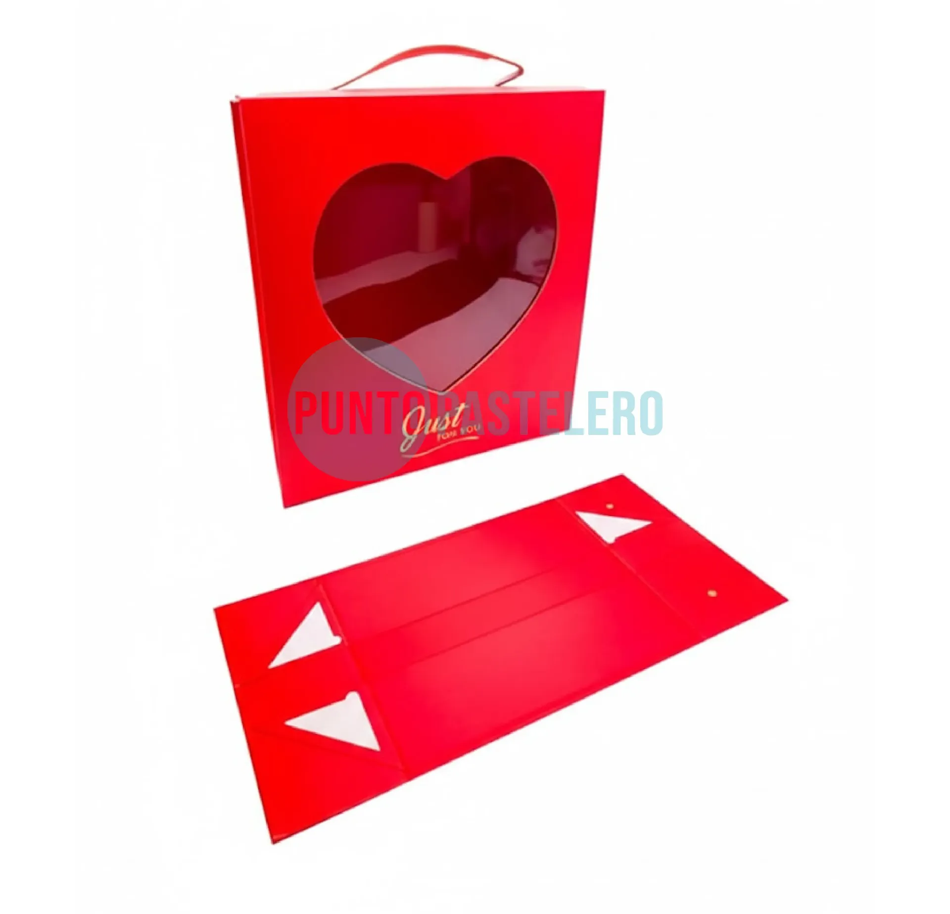 CAJA RIGIDA CON MANIJA DE CUERO PARA REGALOS EXHIBIDOR CORAZON ROJO (29X25X10CM)