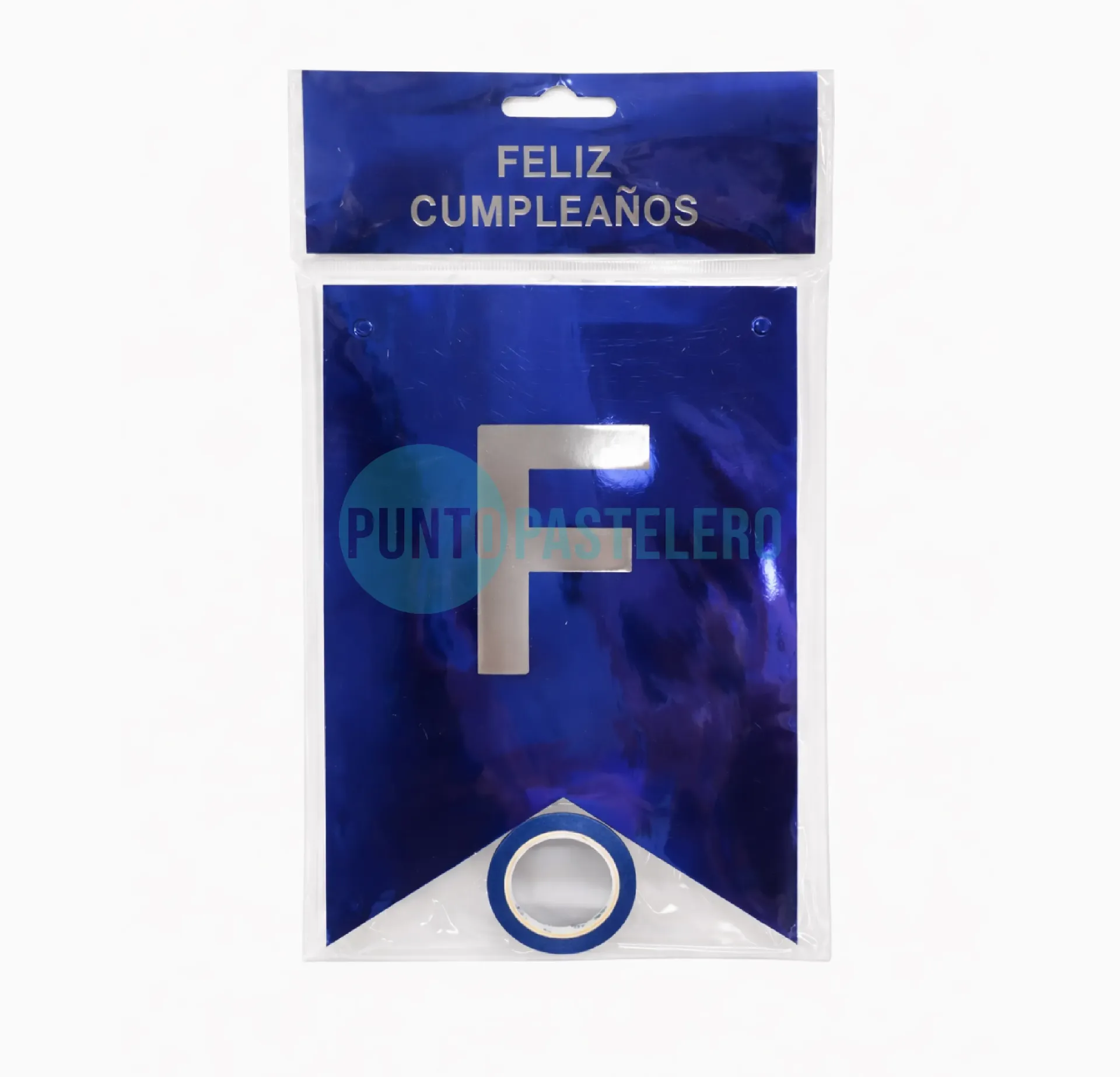 BANDERIN FELIZ CUMPLEAÑOS METALIZADO AZUL (LETRAS PLATEADAS)