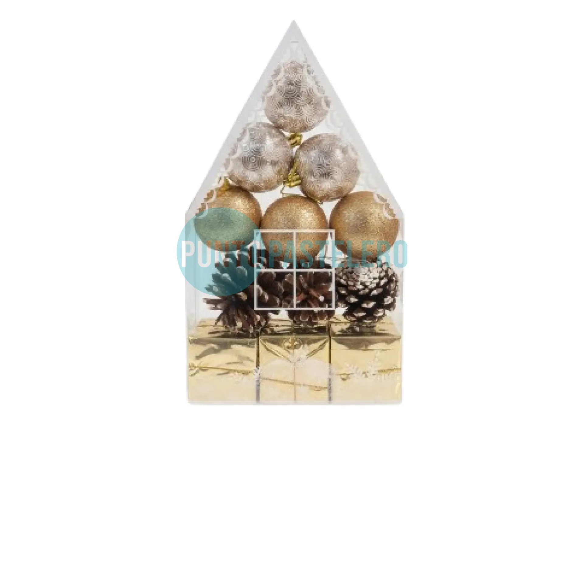 SET NAVIDEÑO CASITA ADORNOS DORADOS (12 U.)