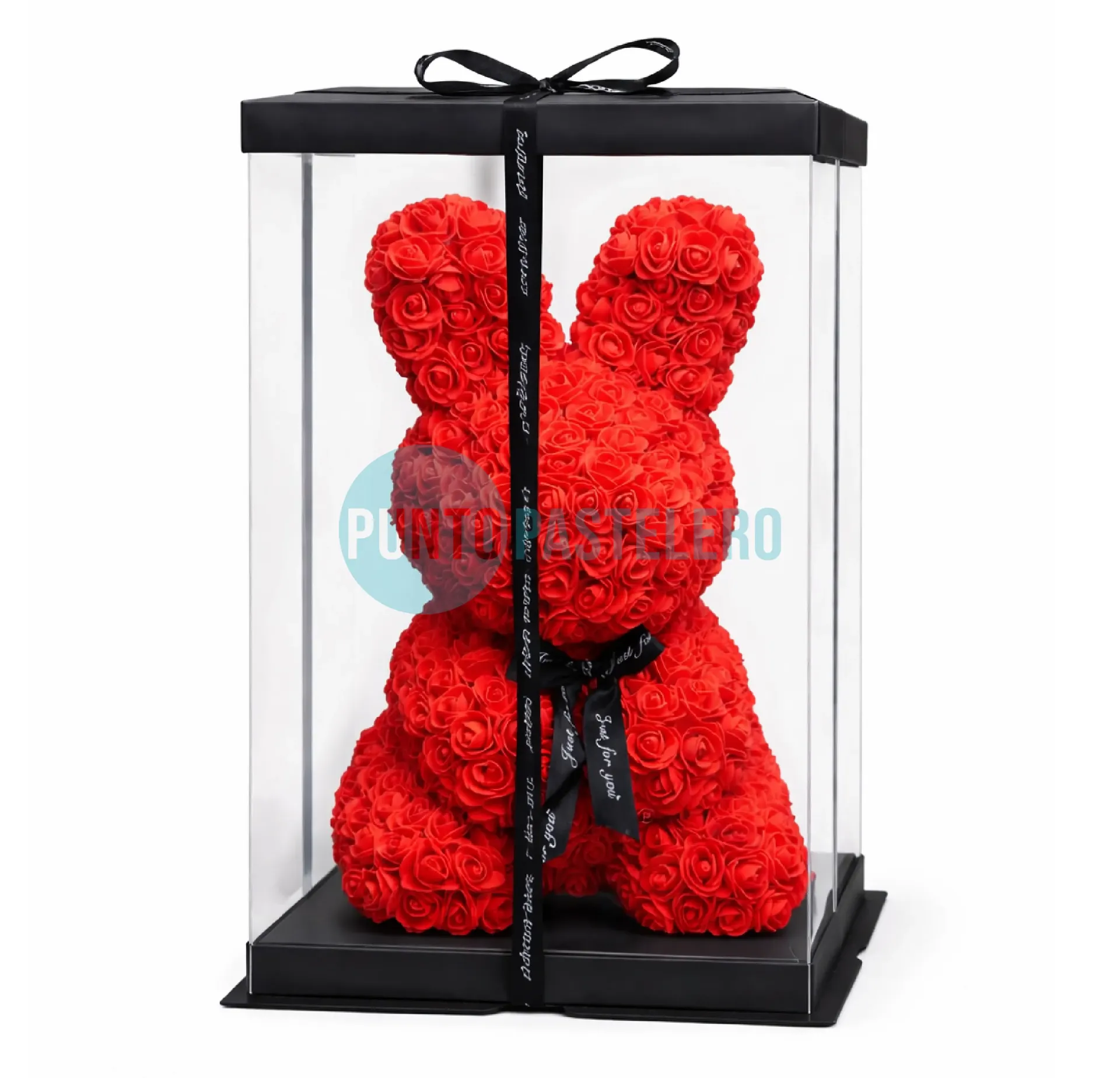 CONEJITO DE ROSAS ROJAS CON CAJA EXHIBIDORA (25 CM)