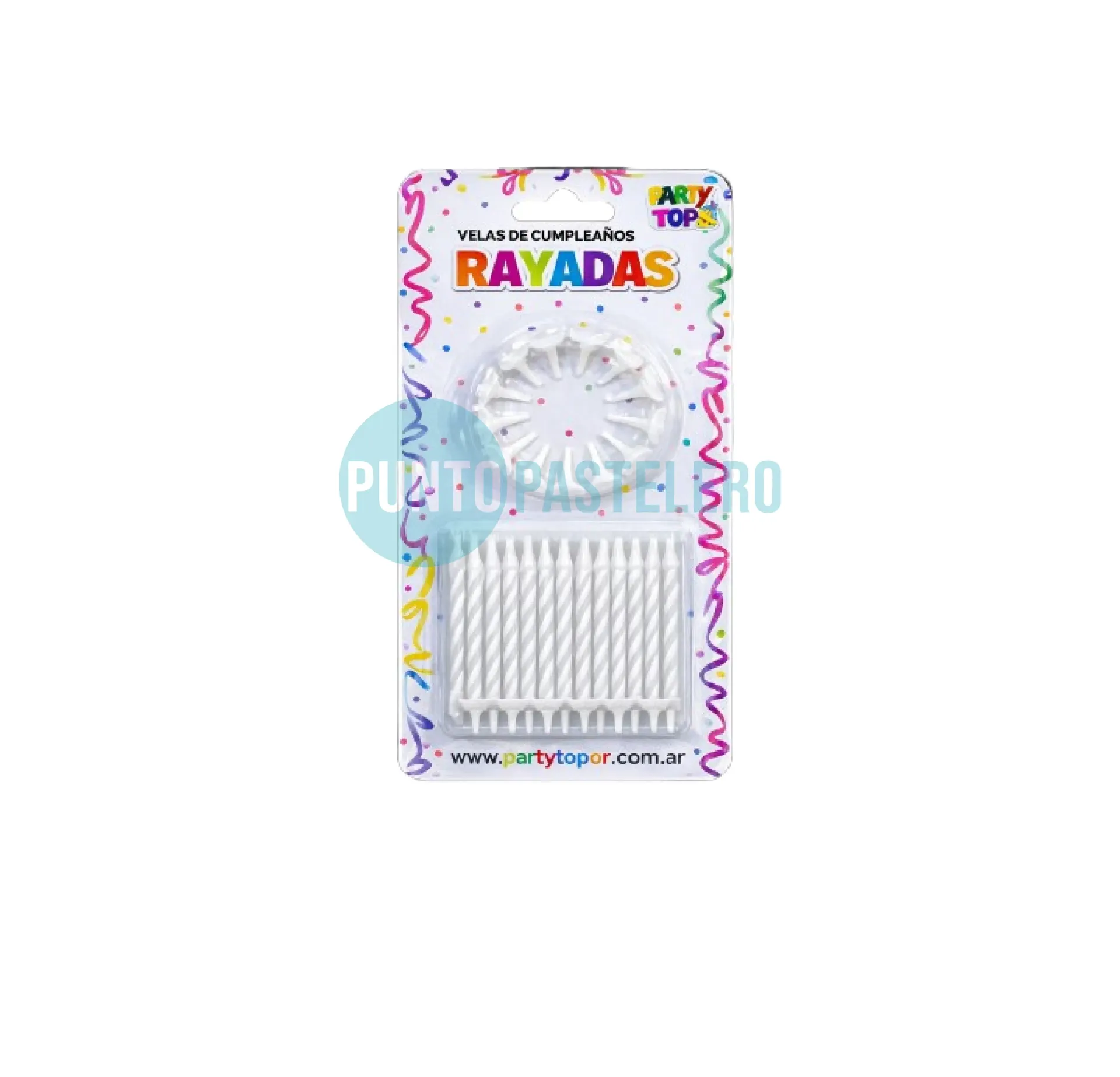 PACK VELAS RAYADAS CON PORTAVELA BLANCO (6 CM) (X 24 U.) (PARTY STORE)