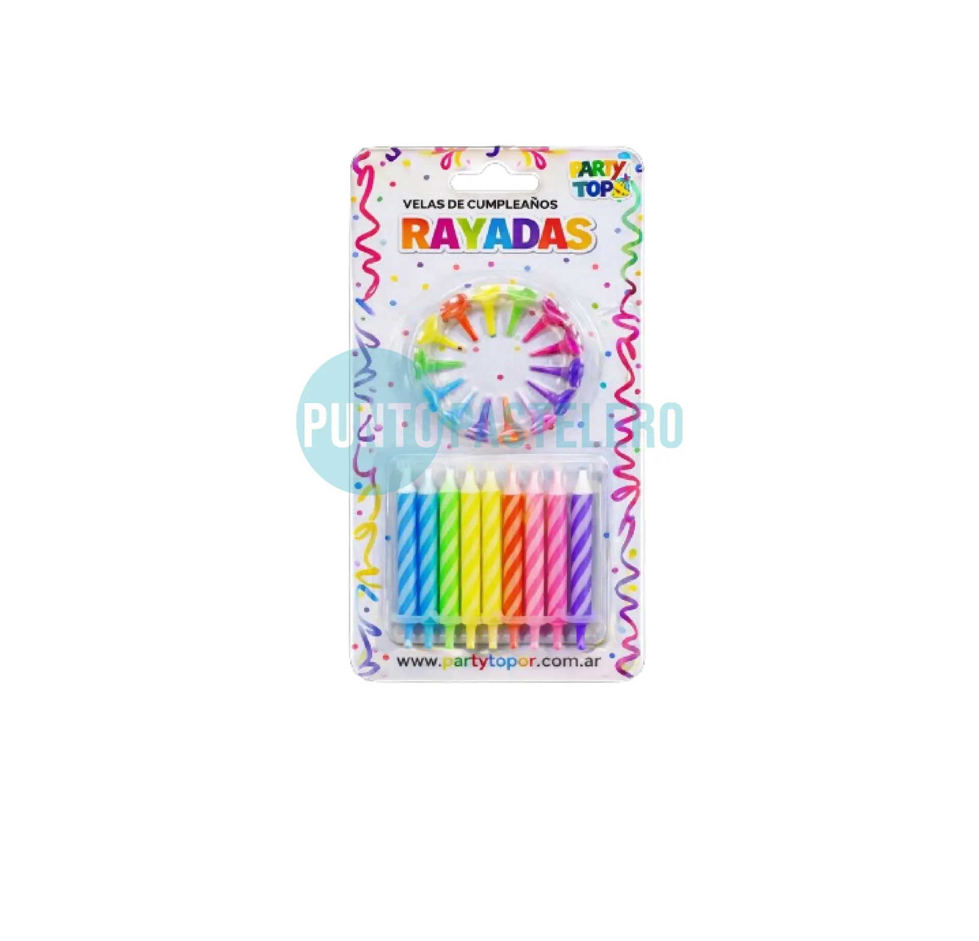 PACK VELAS RAYADAS CON PORTAVELA MULTICOLOR (6 CM) (X 24 U.) (PARTY STORE)