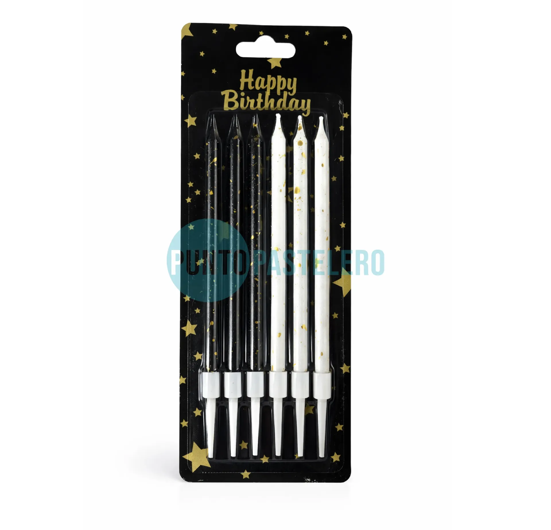 VELAS NEGRAS Y BLANCAS CON DESTELLO DORADO (X 6 U.)