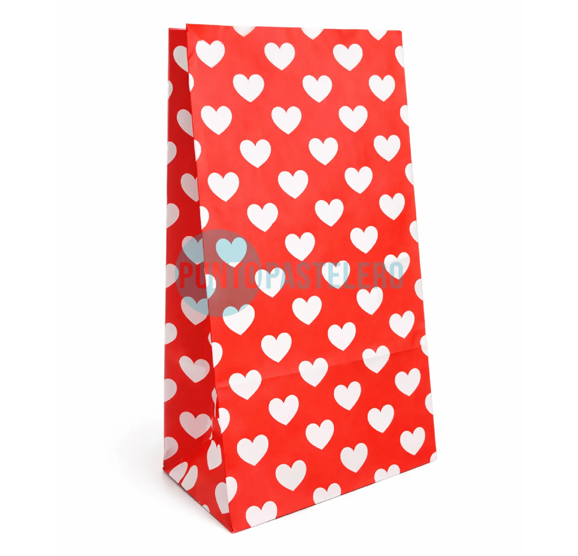 BOLSA GOLOSINERA CON FUELLE RAYADA BLANCA Y CORAZONES ENAMORADOS ( X 10 U.)